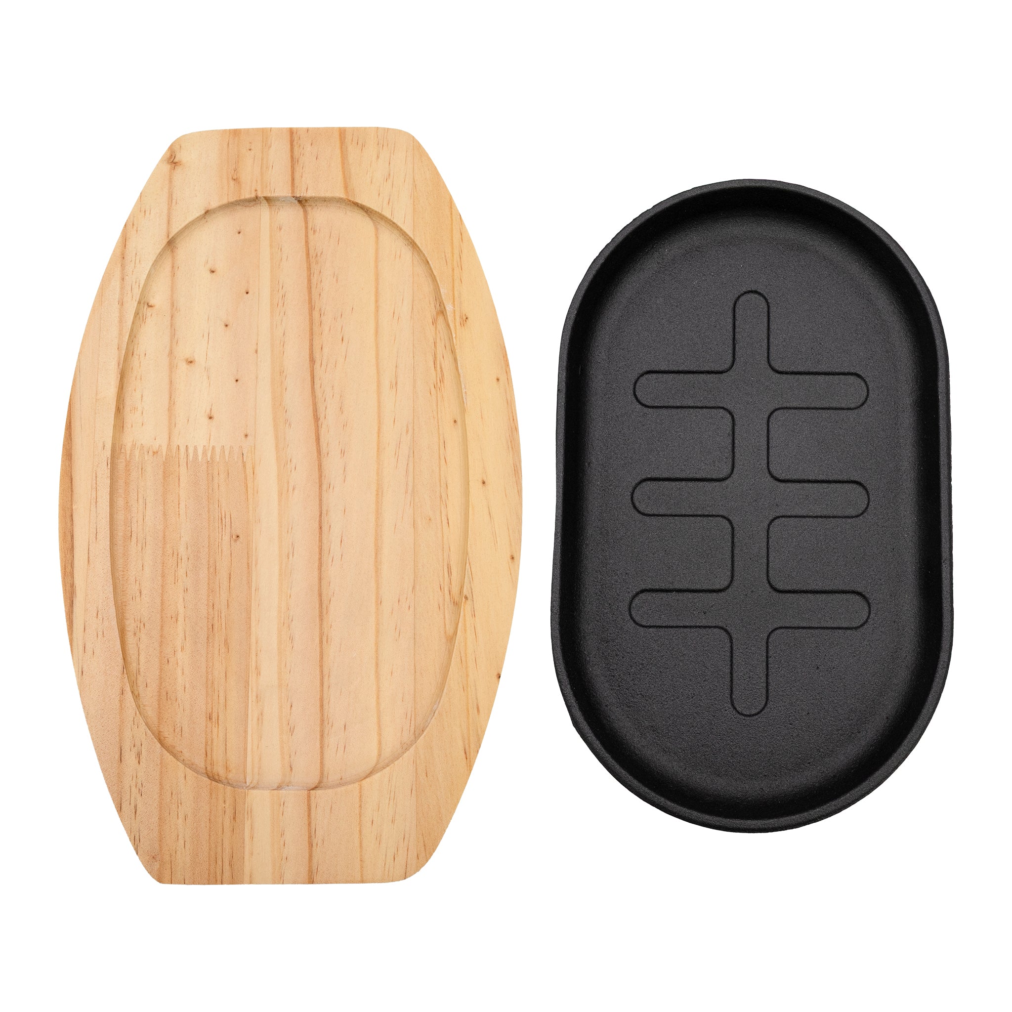 REGENT CAST IRON OVAL STEAK PLATE ON A WOODEN BOARD 275X170XMM