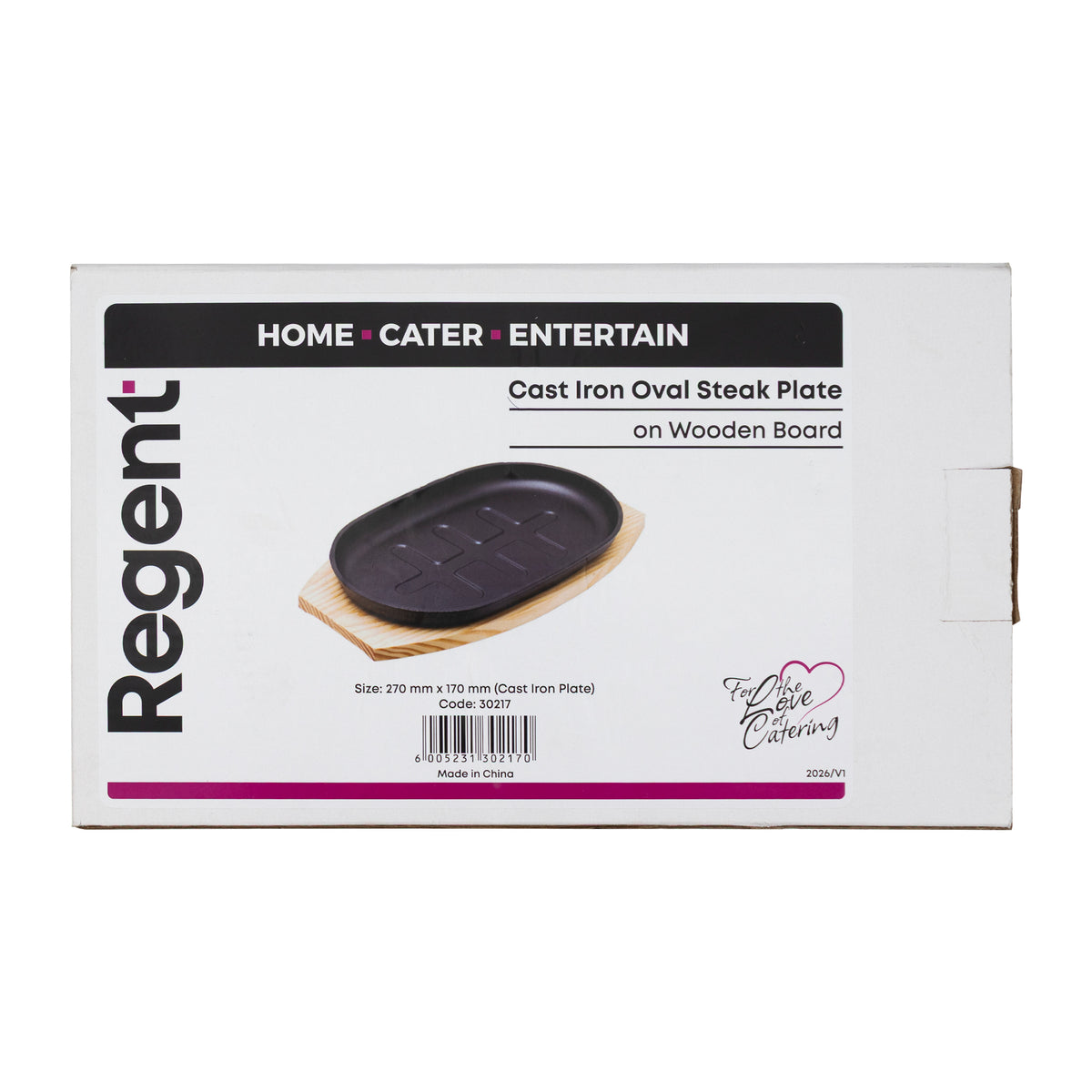 REGENT CAST IRON OVAL STEAK PLATE ON A WOODEN BOARD 275X170MM