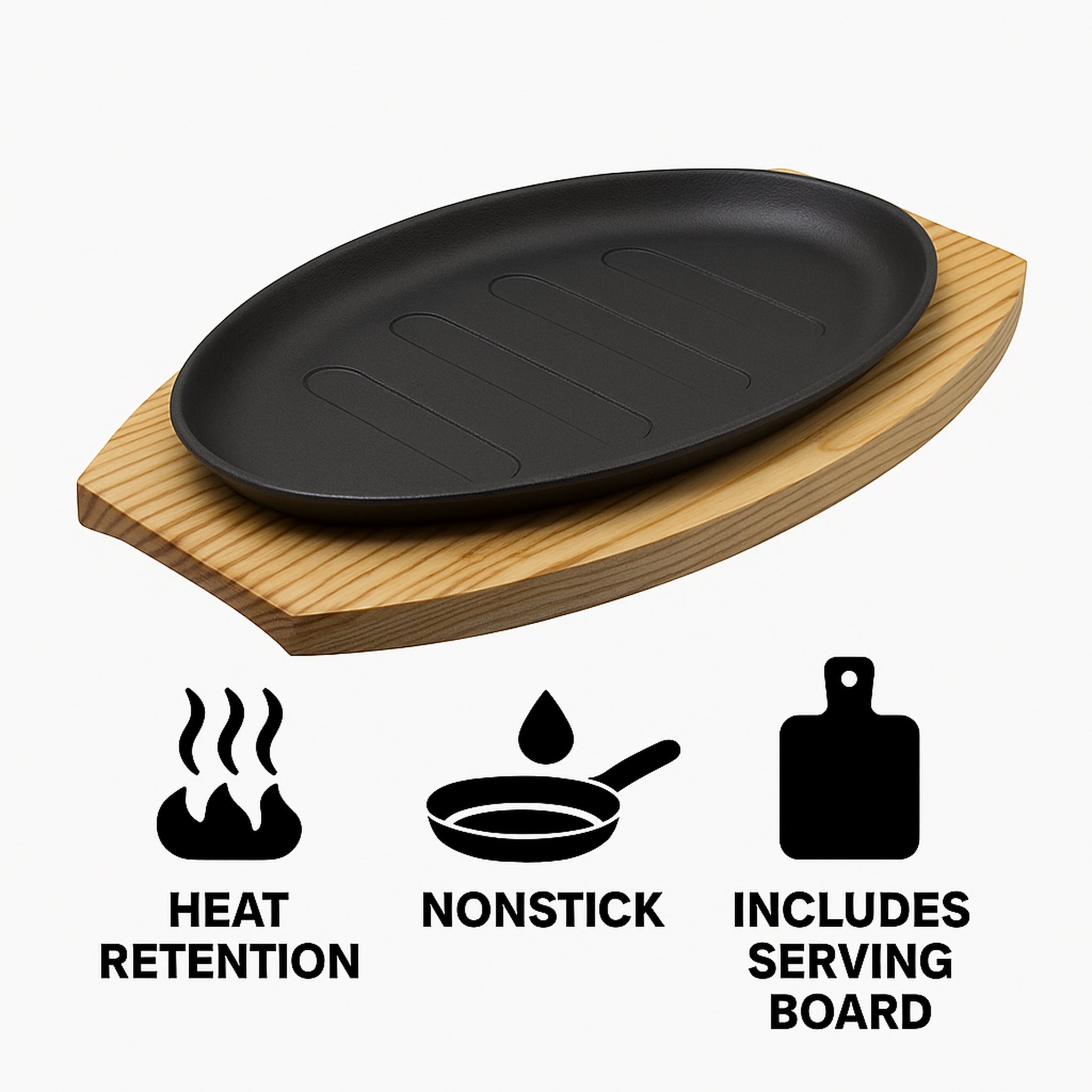 REGENT COOKWARE CAST IRON OVAL STEAK PLATE ON A WOODEN BOARD, 270X165MM