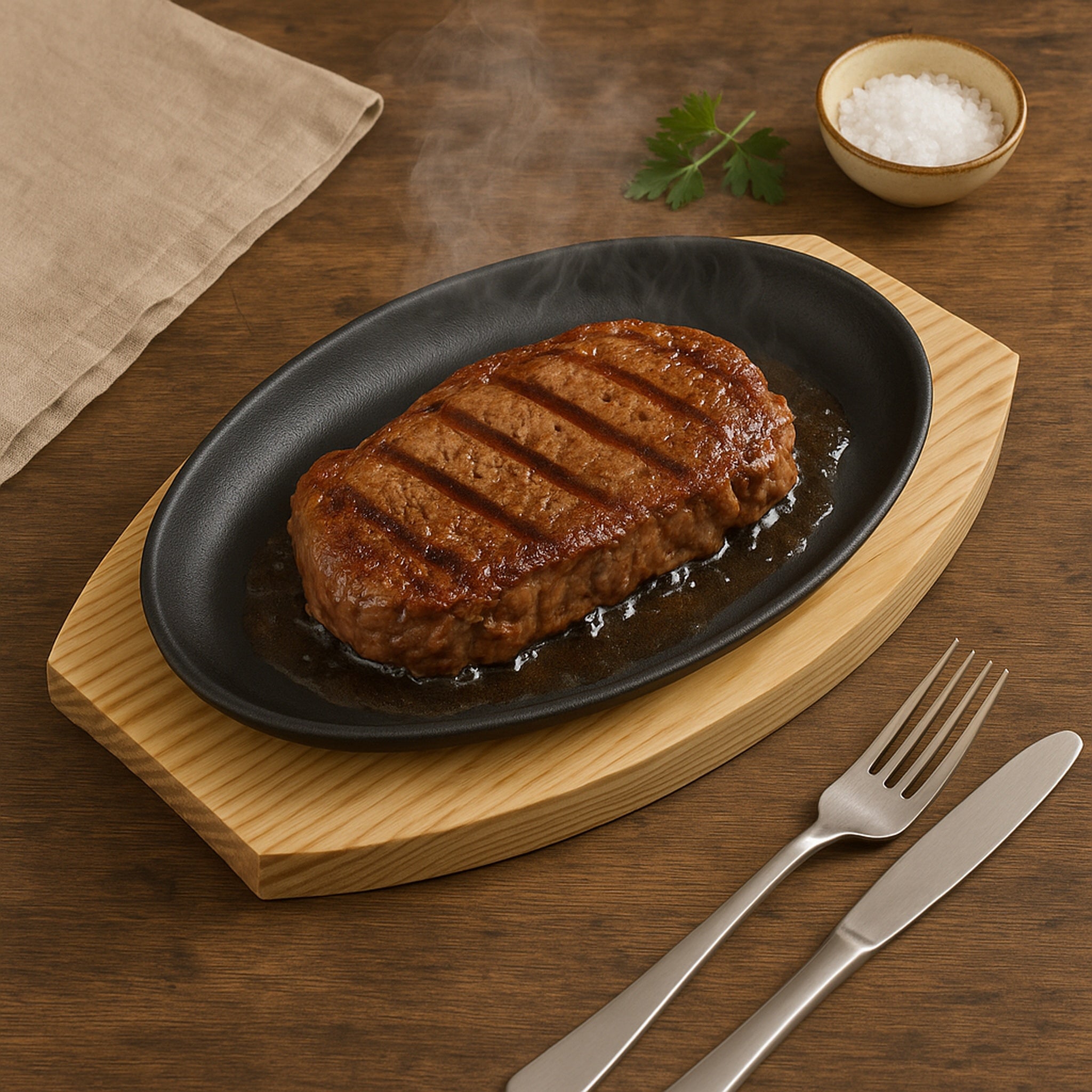 REGENT COOKWARE CAST IRON OVAL STEAK PLATE ON A WOODEN BOARD, 270X165MM