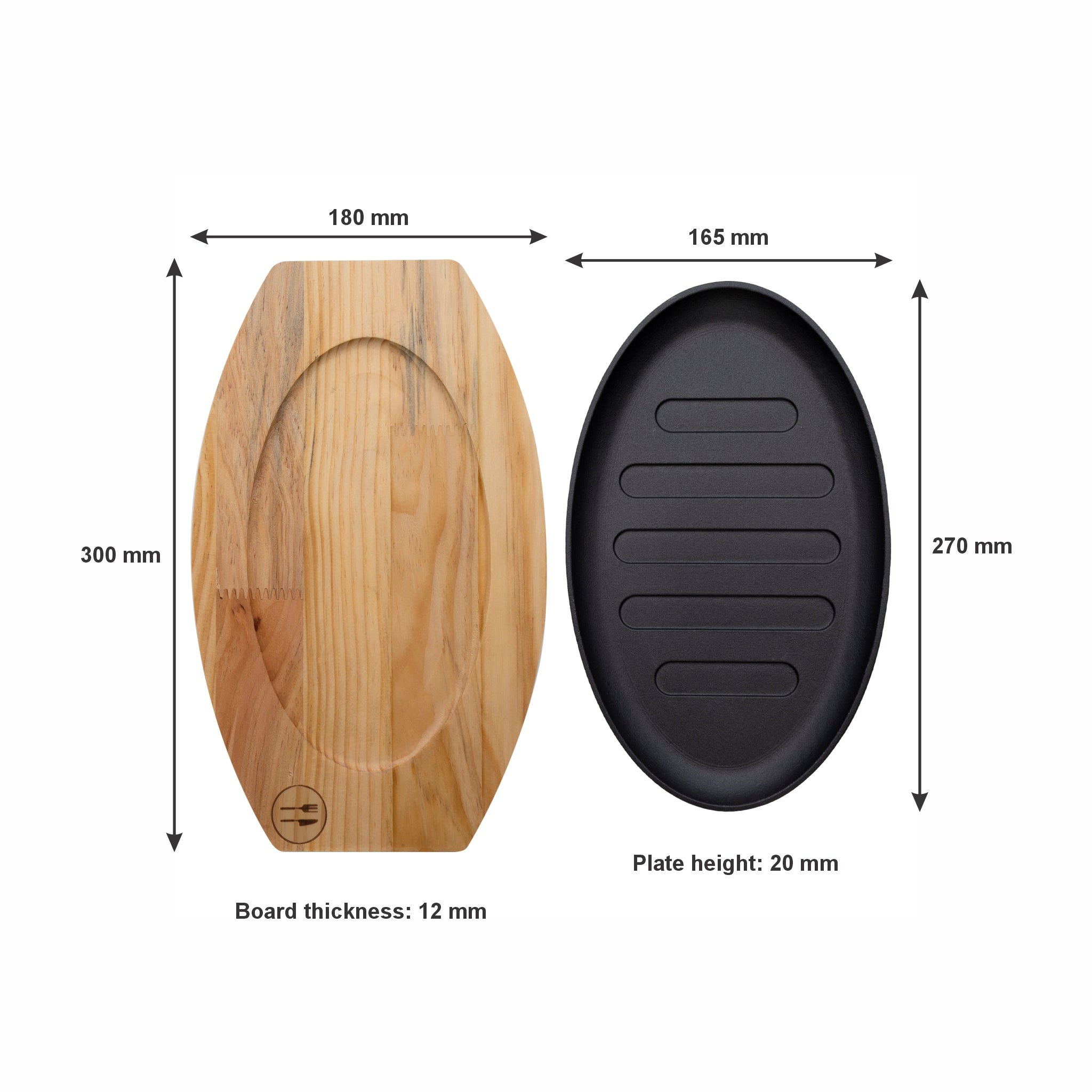 REGENT COOKWARE CAST IRON OVAL STEAK PLATE ON A WOODEN BOARD, 270X165MM