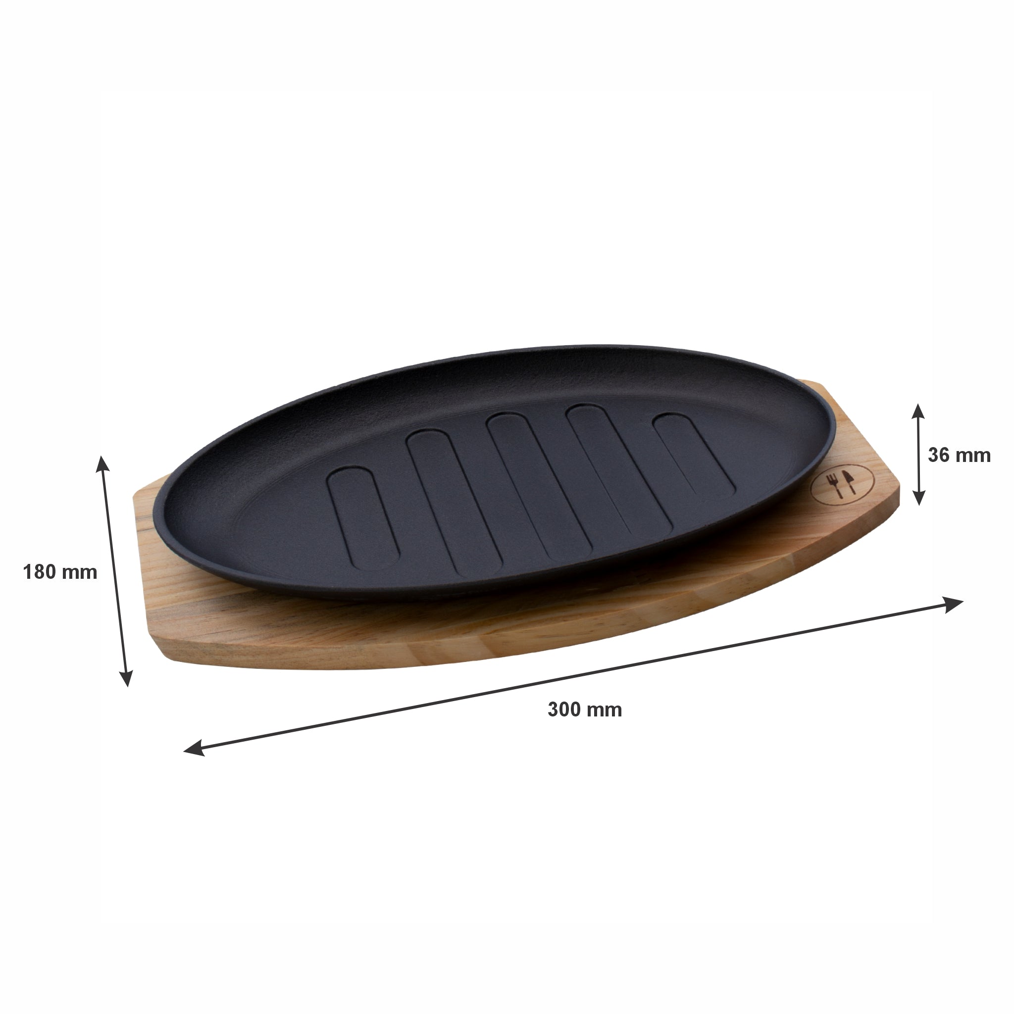 REGENT COOKWARE CAST IRON OVAL STEAK PLATE ON A WOODEN BOARD, 270X165MM