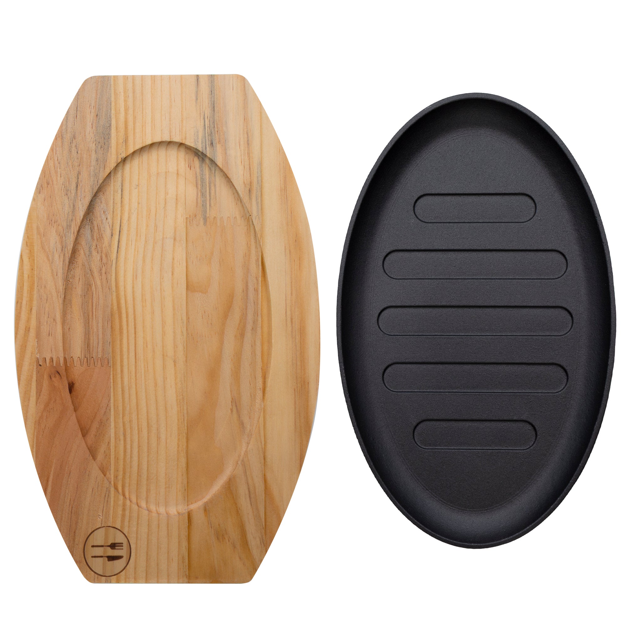 REGENT COOKWARE CAST IRON OVAL STEAK PLATE ON A WOODEN BOARD, 270X165MM