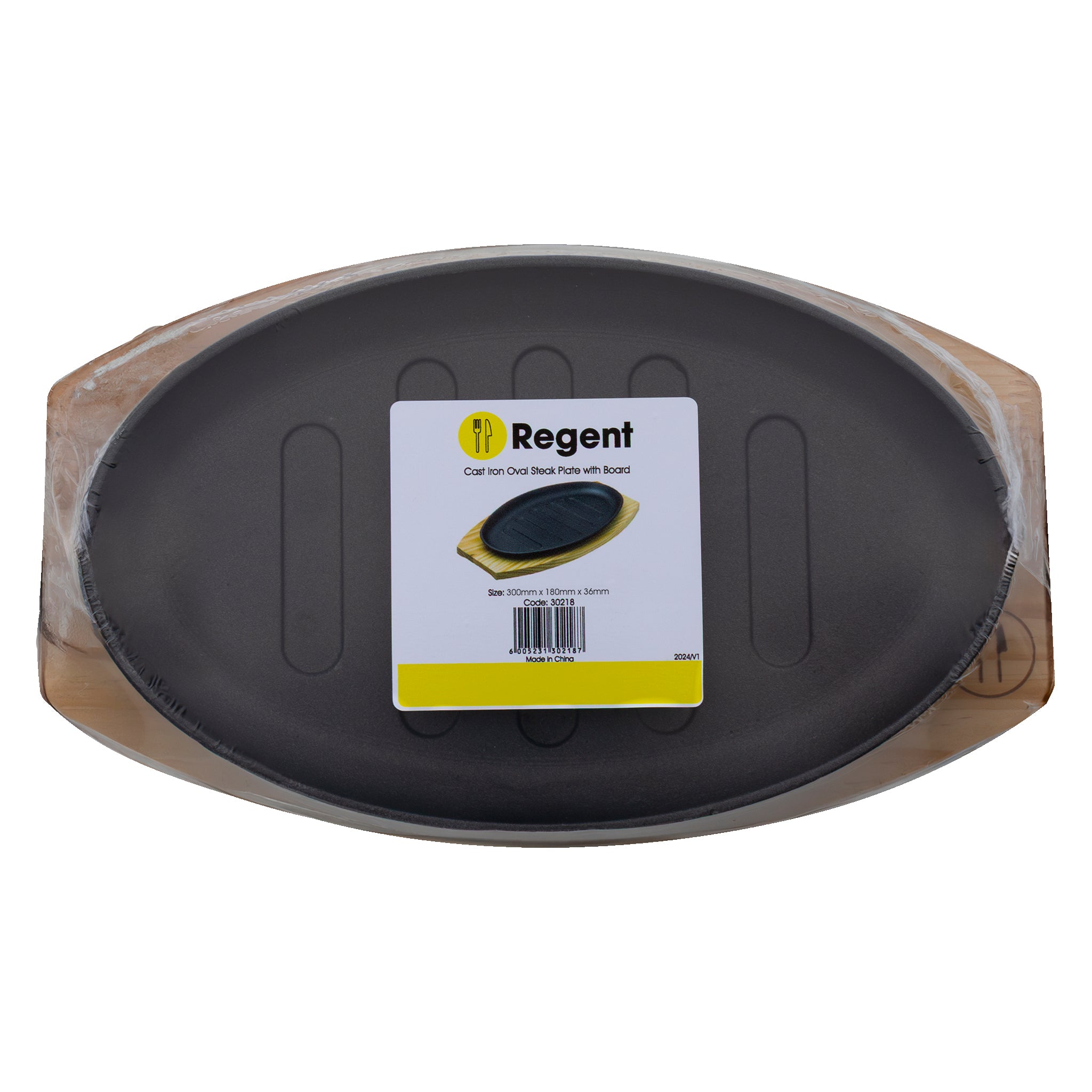 REGENT COOKWARE CAST IRON OVAL STEAK PLATE ON A WOODEN BOARD, 270X165MM