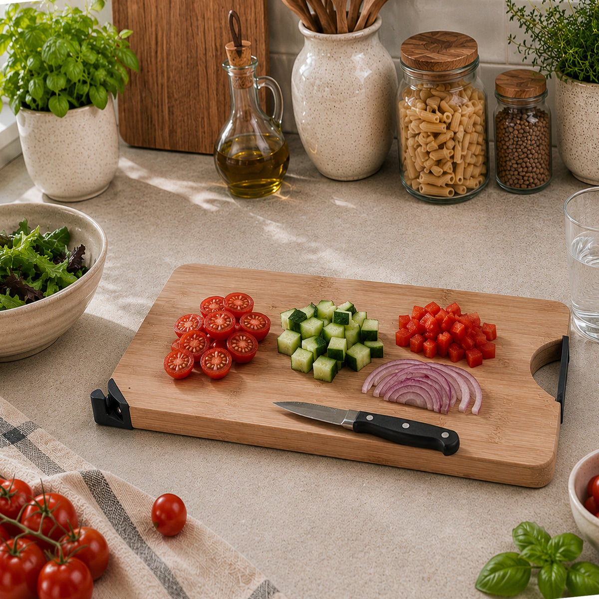 REGENT BAMBOO CUTTING BOARD WITH BLACK METAL HANDLE WITH KNIFE SHARPENER, 355X258MM