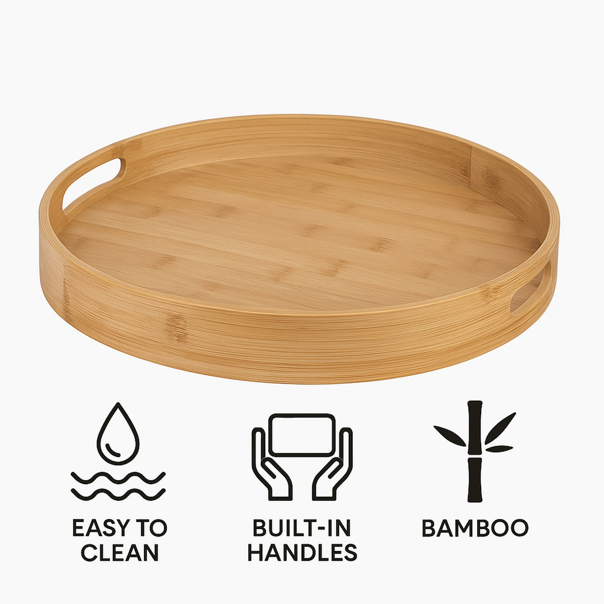 REGENT BAMBOO ROUND SERVING TRAY WITH CUT OUT HANDLE, 360MM DIA