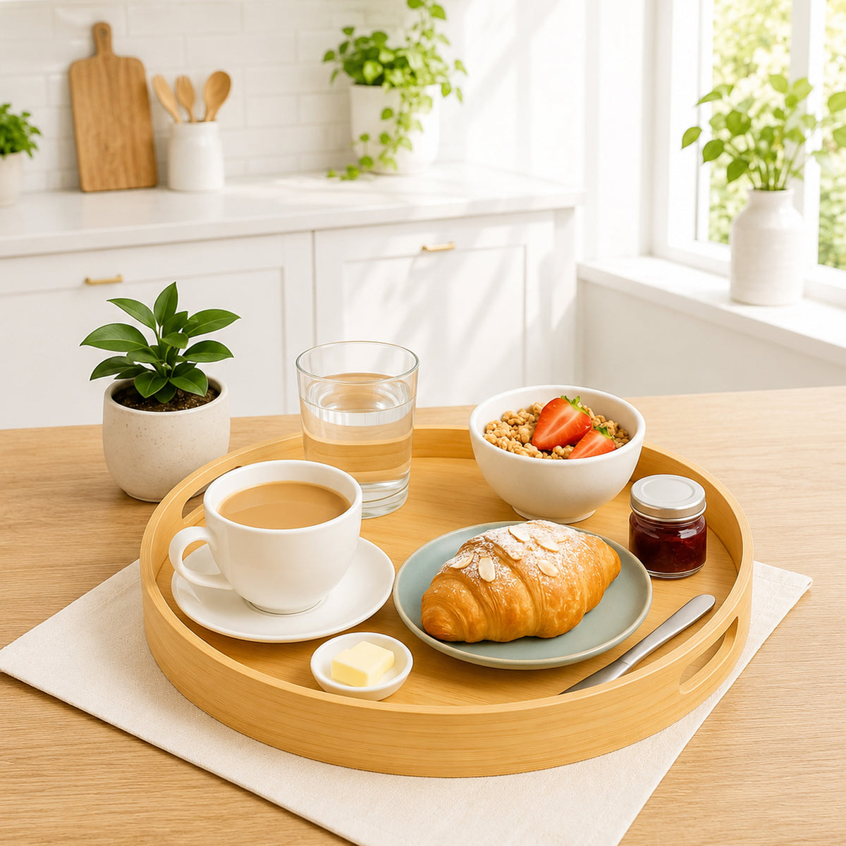 REGENT BAMBOO ROUND SERVING TRAY WITH CUT OUT HANDLE, 360MM DIA