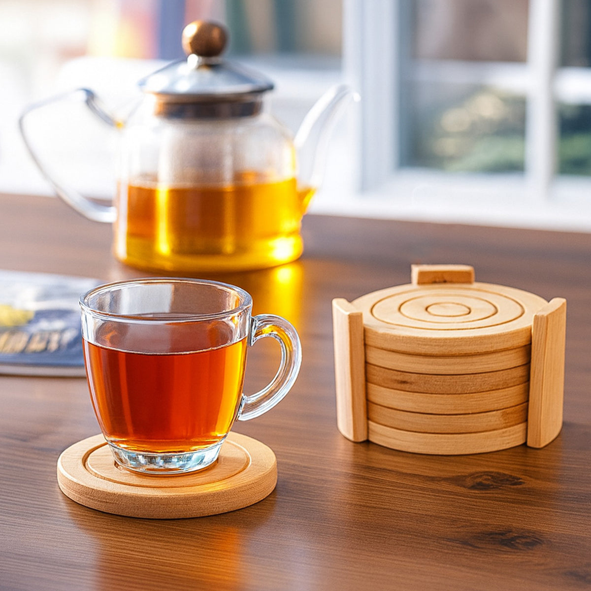 REGENT BAMBOO ROUND COASTERS 100MM DIA. IN A HOLDER 7 PIECE SET
