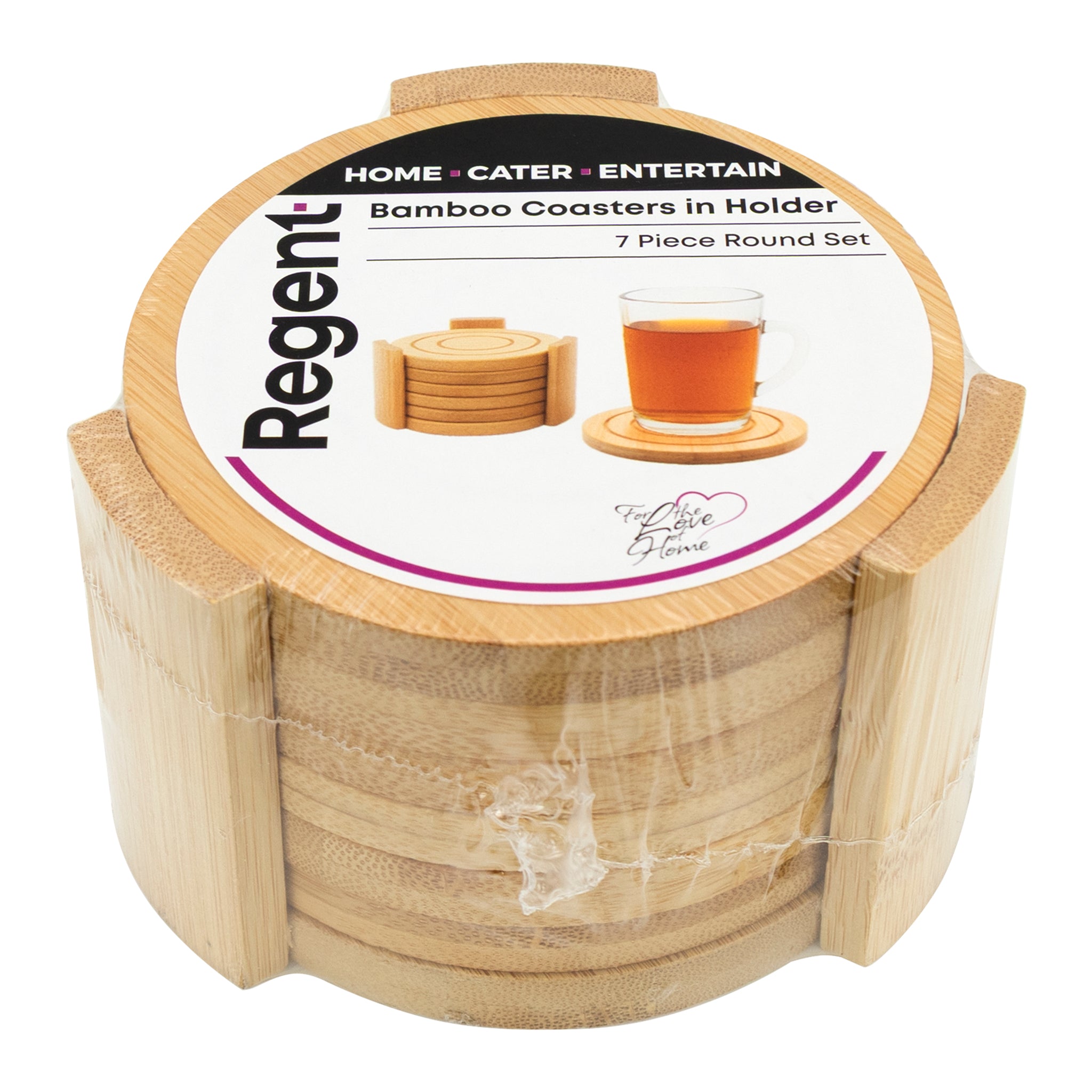 REGENT BAMBOO ROUND COASTERS 100MM DIA. IN A HOLDER 7 PIECE SET