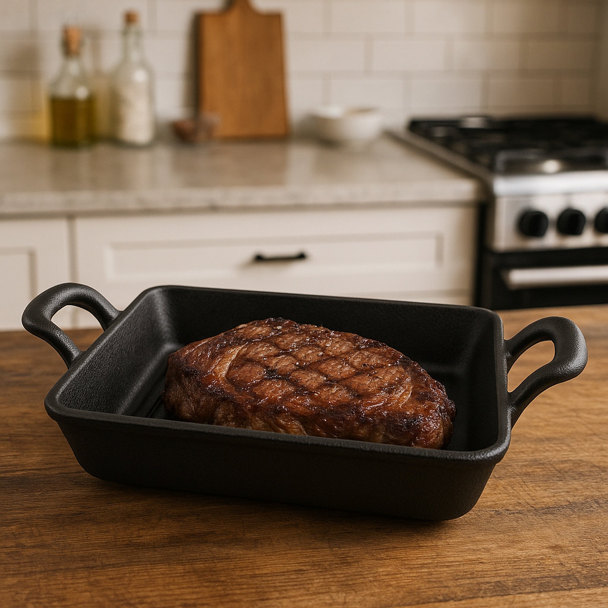 REGENT COOKWARE CAST IRON RECTANGULAR PAN WITH 2 HANDLES ON A WOODEN BOARD, 215/160X115MM