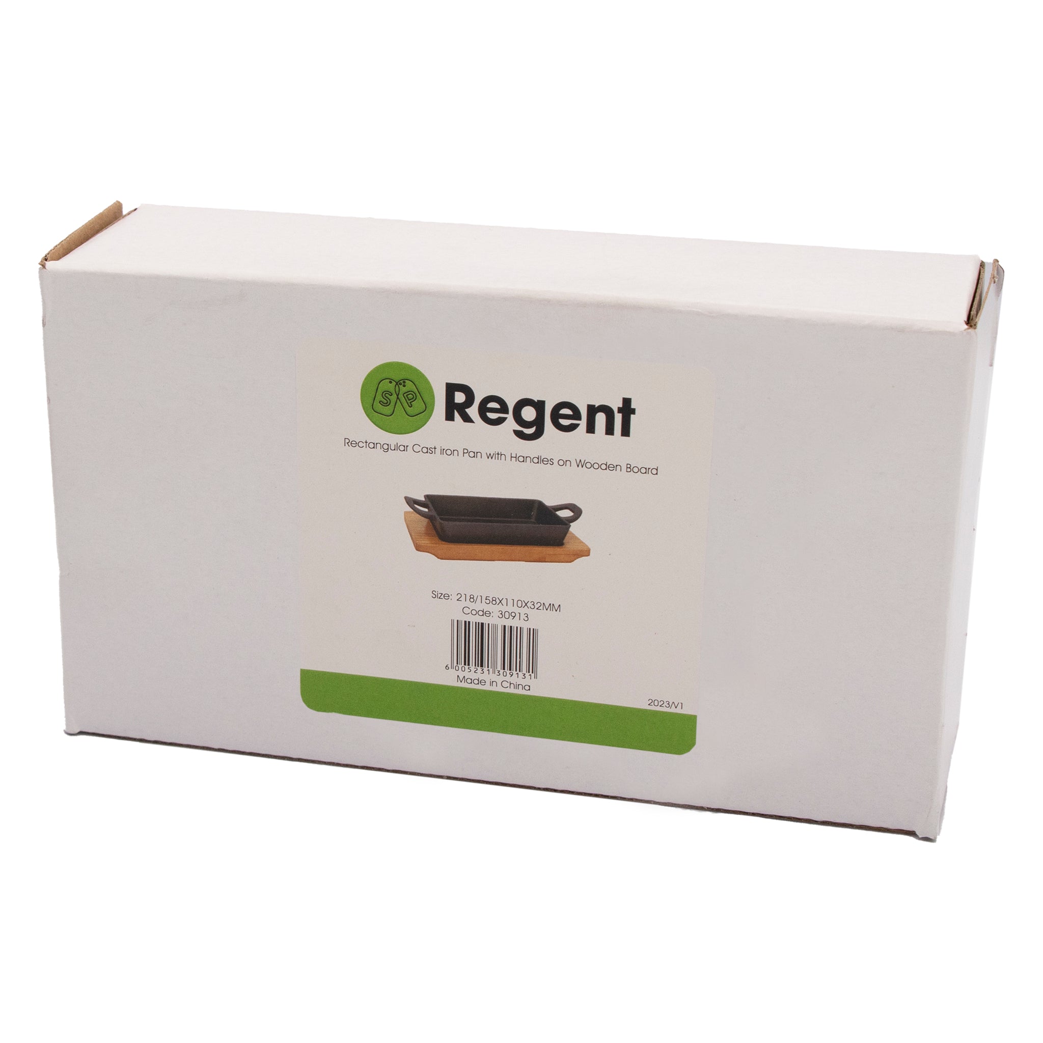 REGENT COOKWARE CAST IRON RECTANGULAR PAN WITH 2 HANDLES ON A WOODEN BOARD, 215/160X115MM