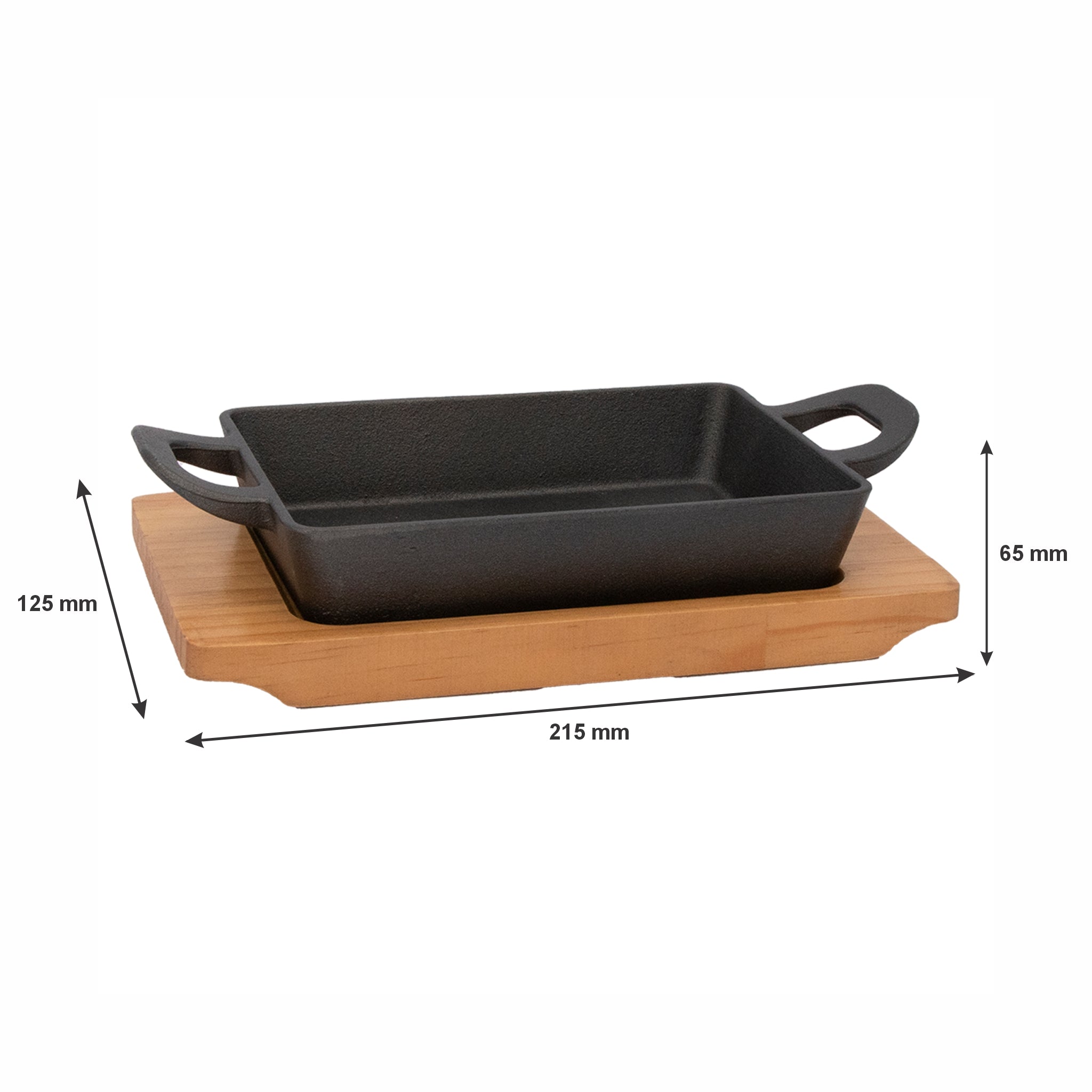 REGENT COOKWARE CAST IRON RECTANGULAR PAN WITH 2 HANDLES ON A WOODEN BOARD, 215/160X115MM