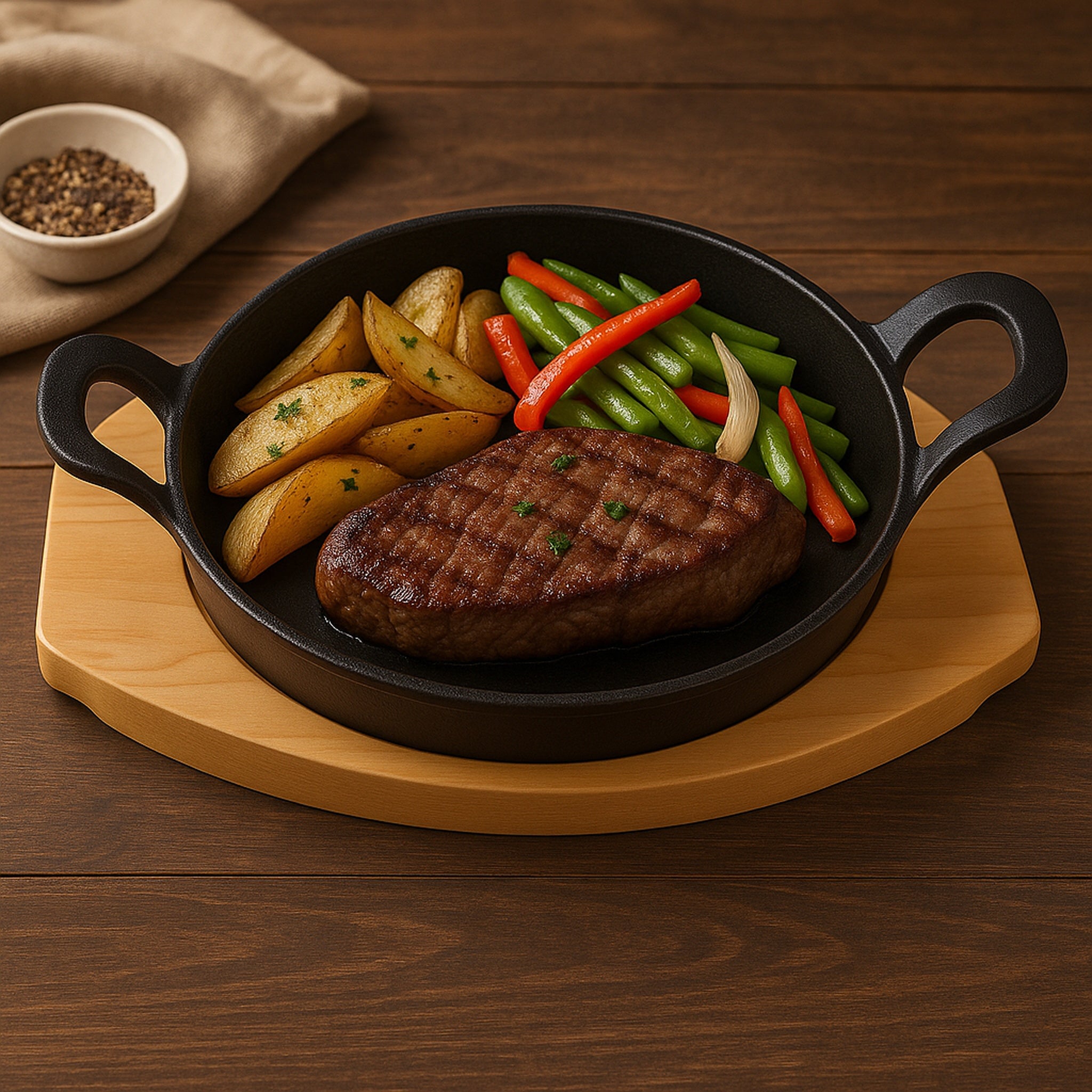 REGENT COOKWARE CAST IRON PAN WITH 2 HANDLES ON A WOODEN BOARD, 180MM DIAX245MM