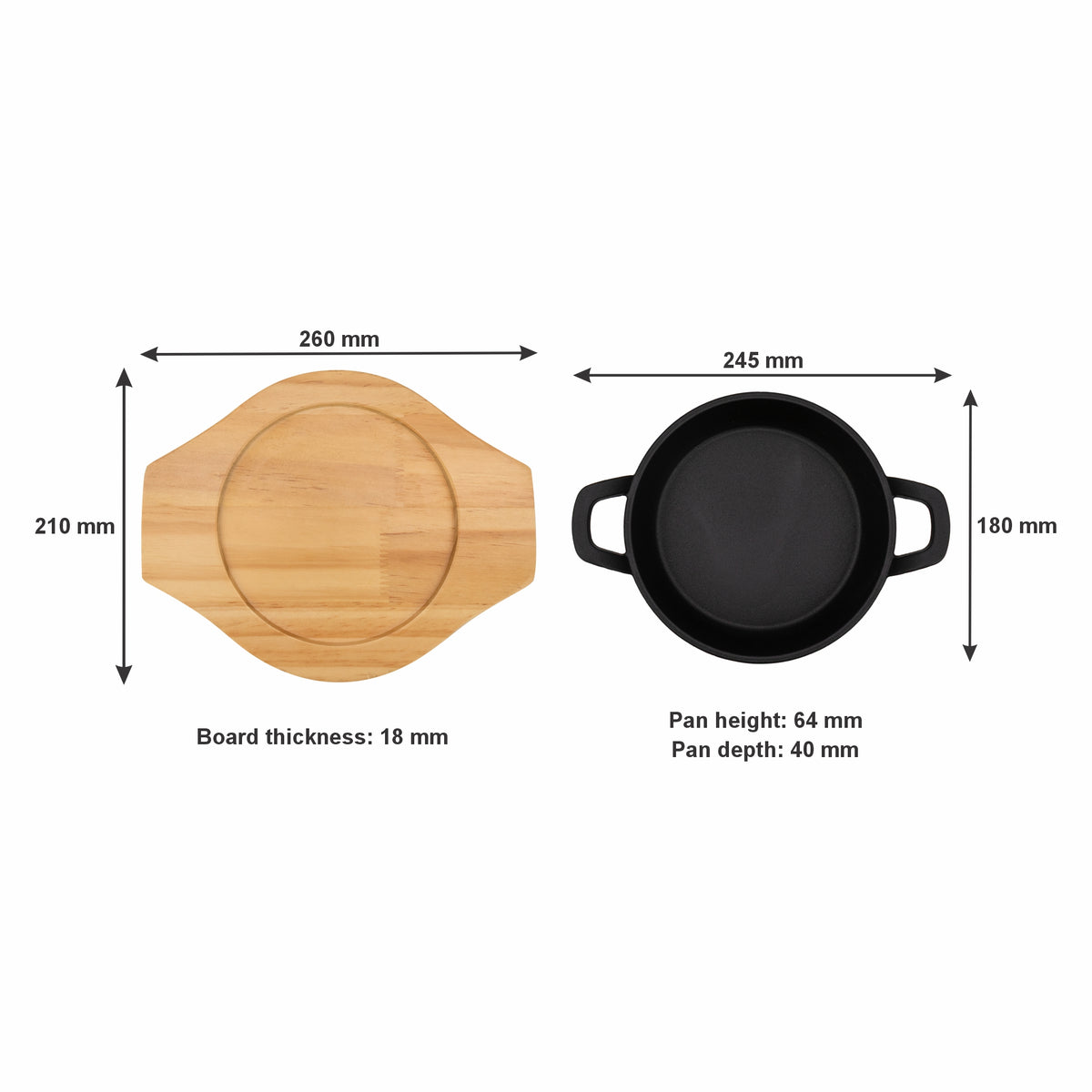 REGENT COOKWARE CAST IRON PAN WITH 2 HANDLES ON A WOODEN BOARD, 180MM DIAX245MM