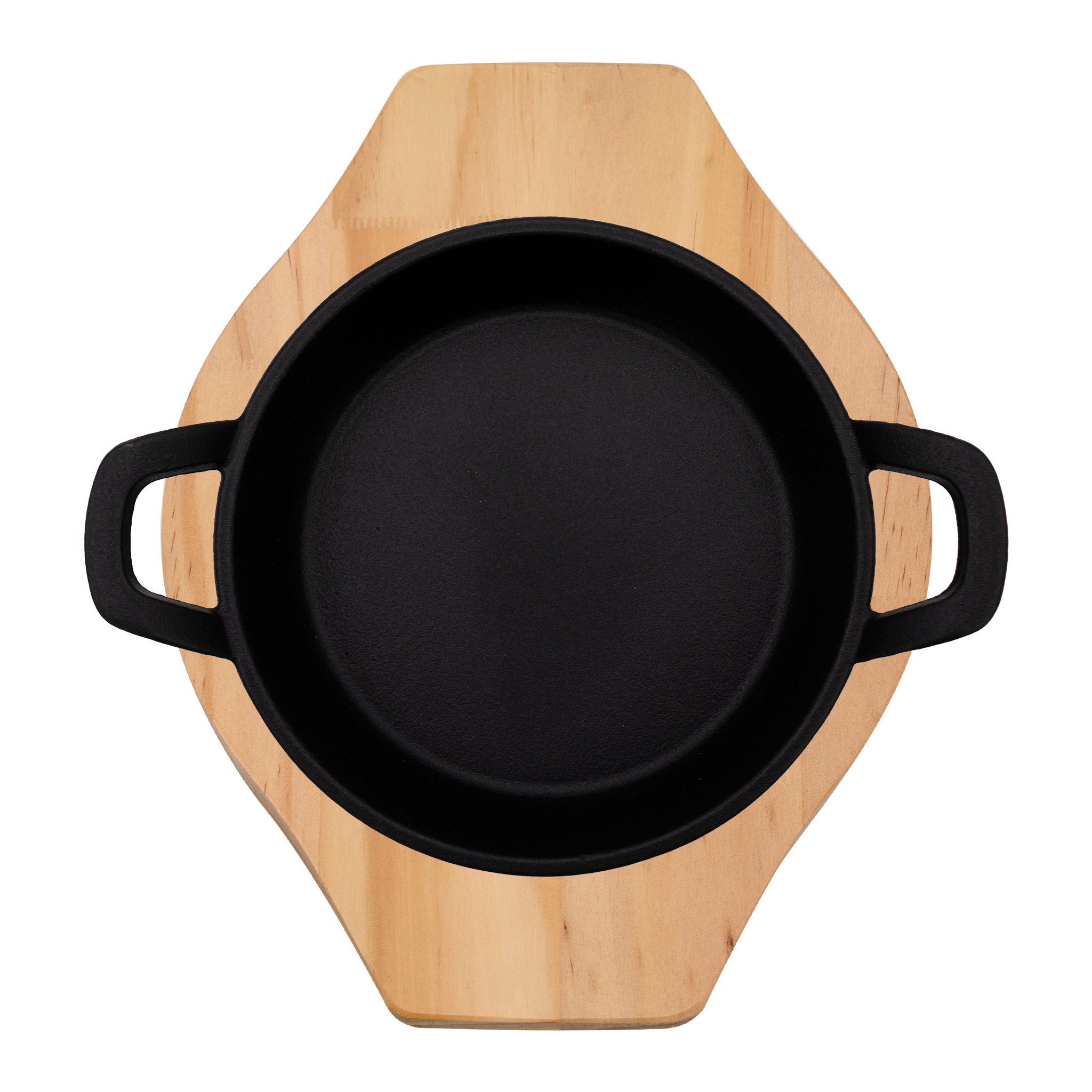 REGENT COOKWARE CAST IRON PAN WITH 2 HANDLES ON A WOODEN BOARD, 180MM DIAX245MM