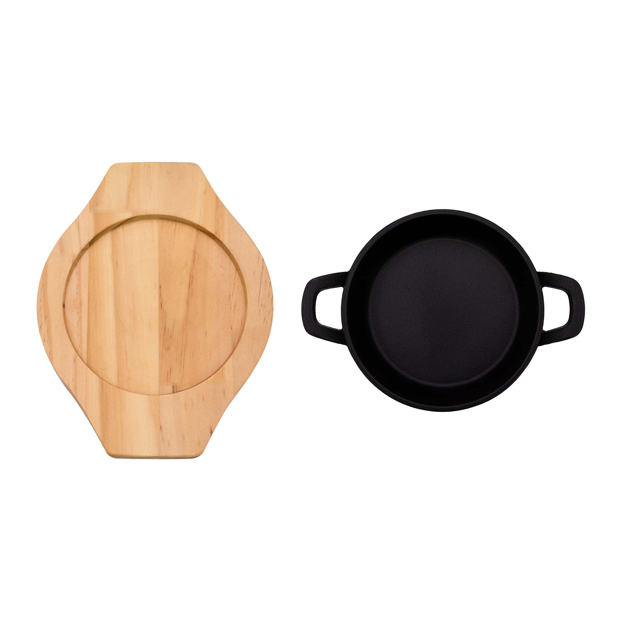 REGENT COOKWARE CAST IRON PAN WITH 2 HANDLES ON A WOODEN BOARD, 180MM DIAX245MM
