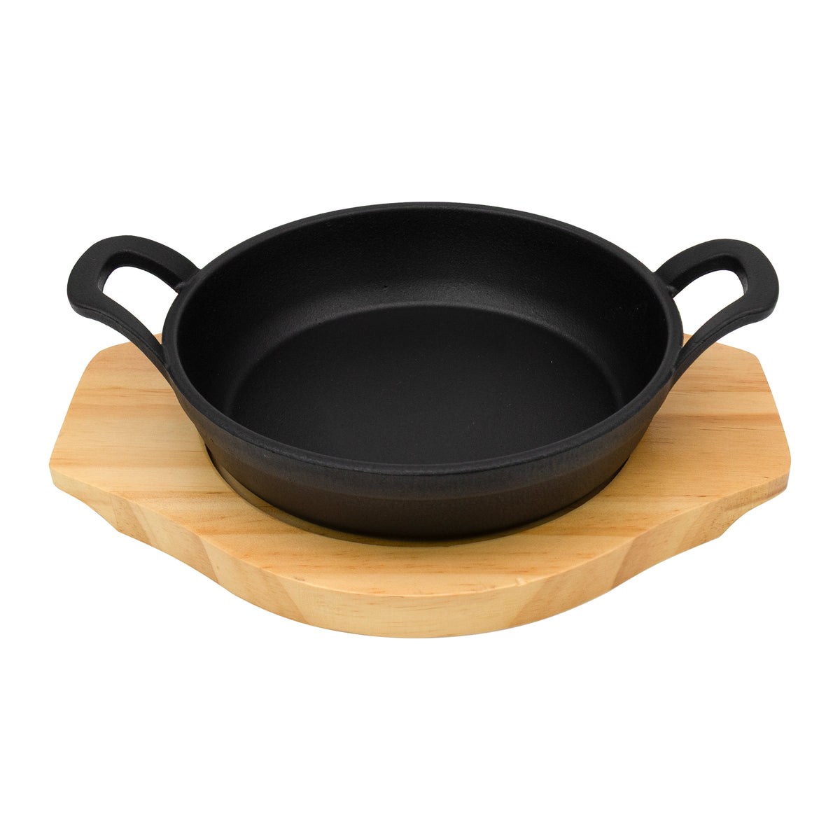REGENT COOKWARE CAST IRON PAN WITH 2 HANDLES ON A WOODEN BOARD, 180MM DIAX245MM