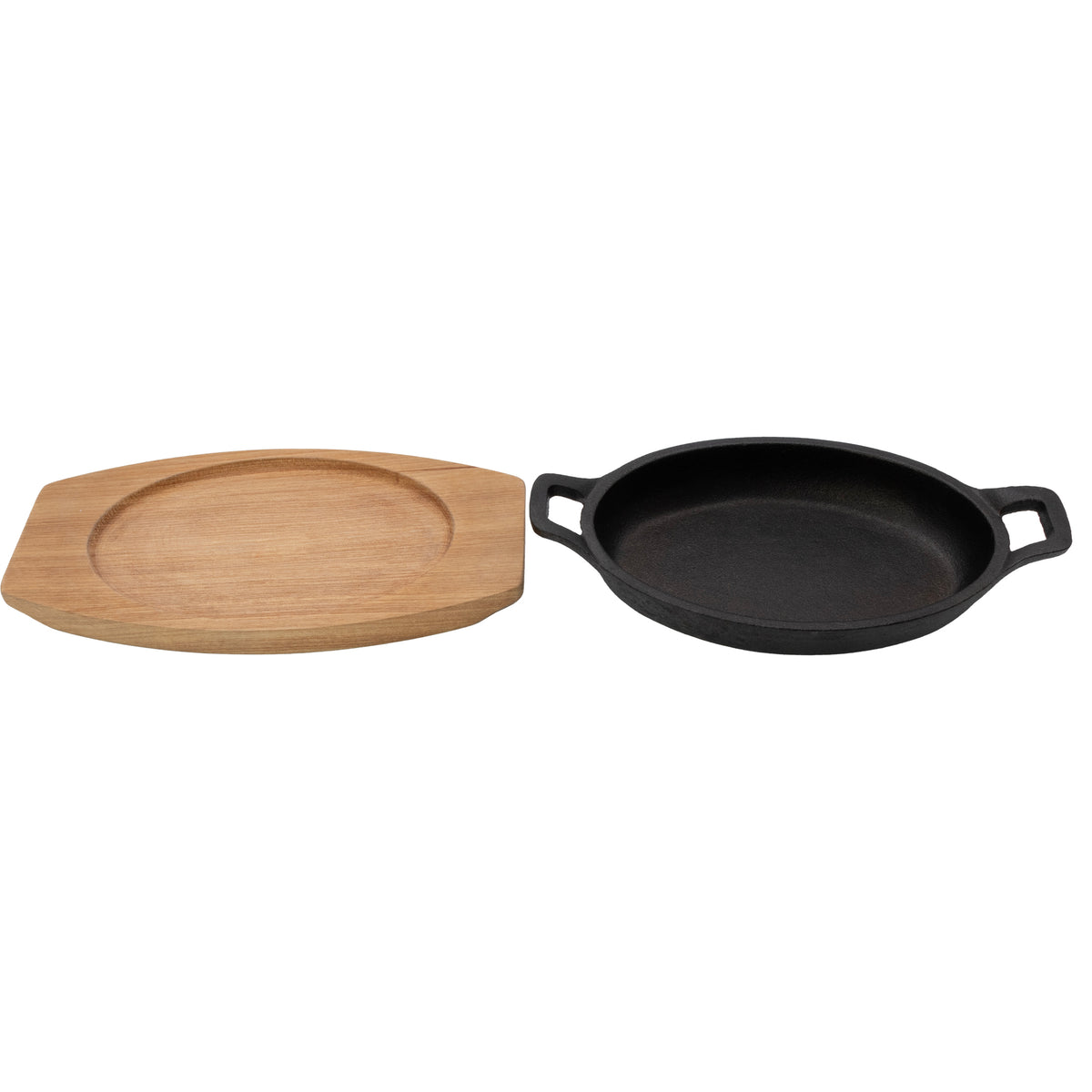 REGENT COOKWARE CAST IRON OVAL PAN WITH 2 HANDLES ON A WOODEN BOARD, 225X120MM