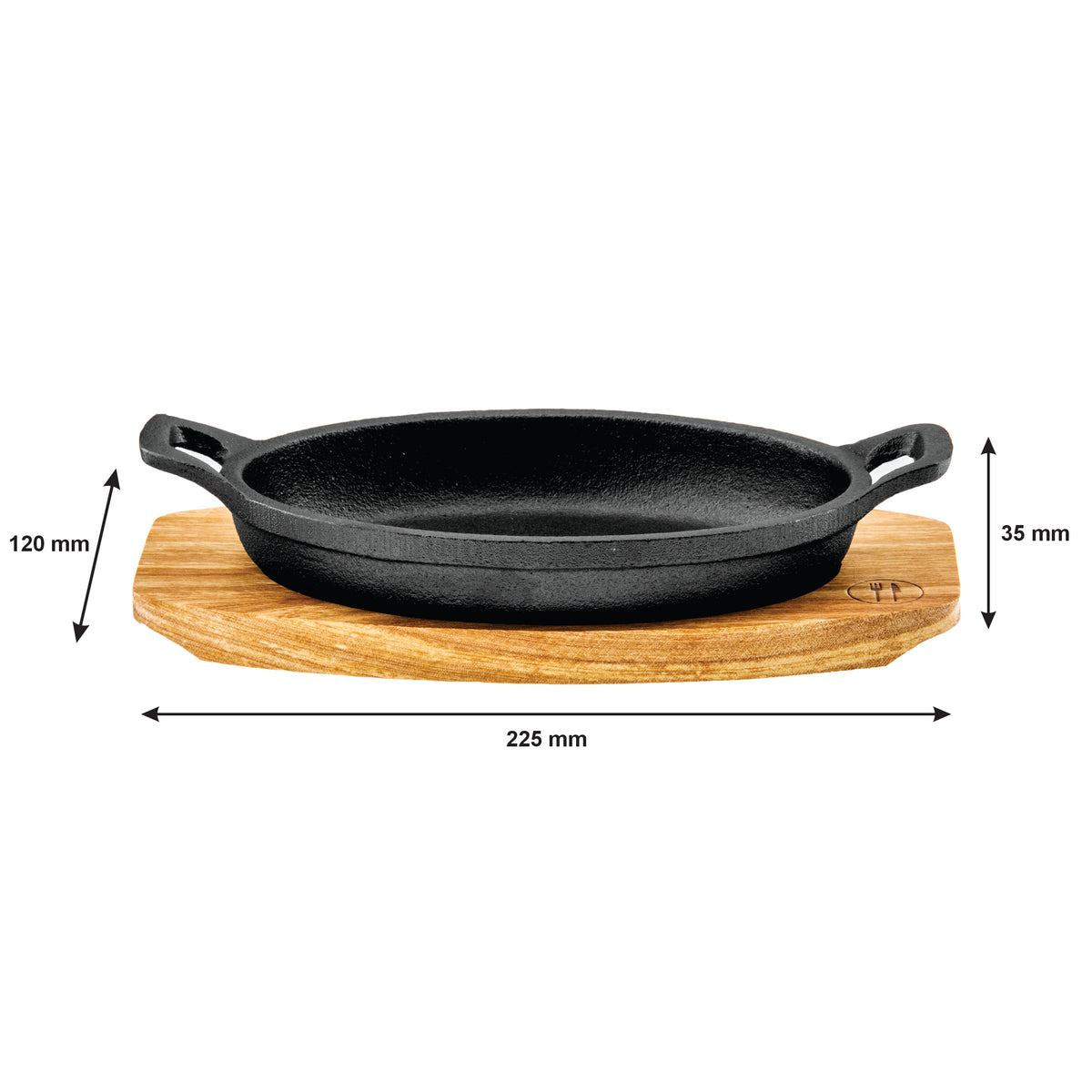 REGENT COOKWARE CAST IRON OVAL PAN WITH 2 HANDLES ON A WOODEN BOARD, 225X120MM