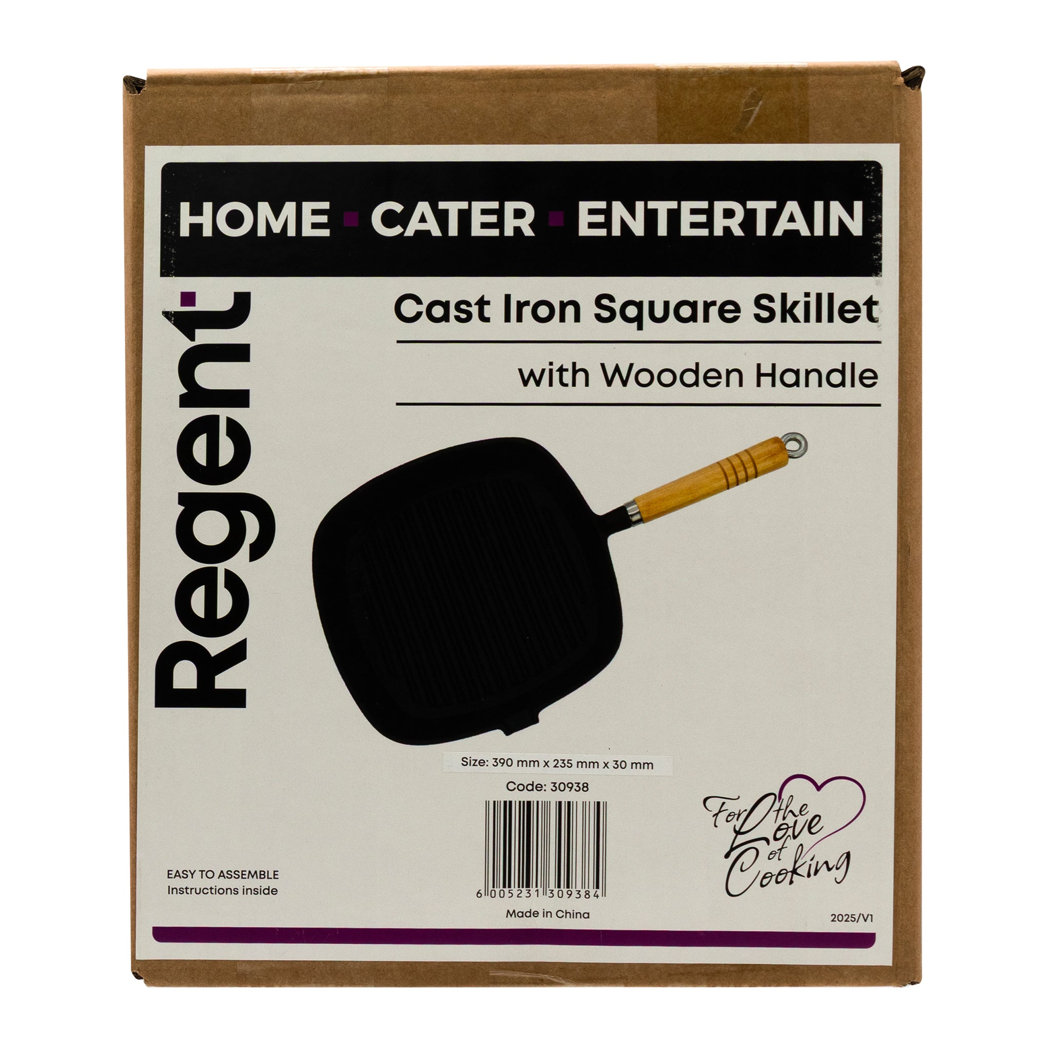 REGENT COOKWARE CAST IRON SQUARE SKILLET WITH WOODEN HANDLE, 390/220X235X30MM
