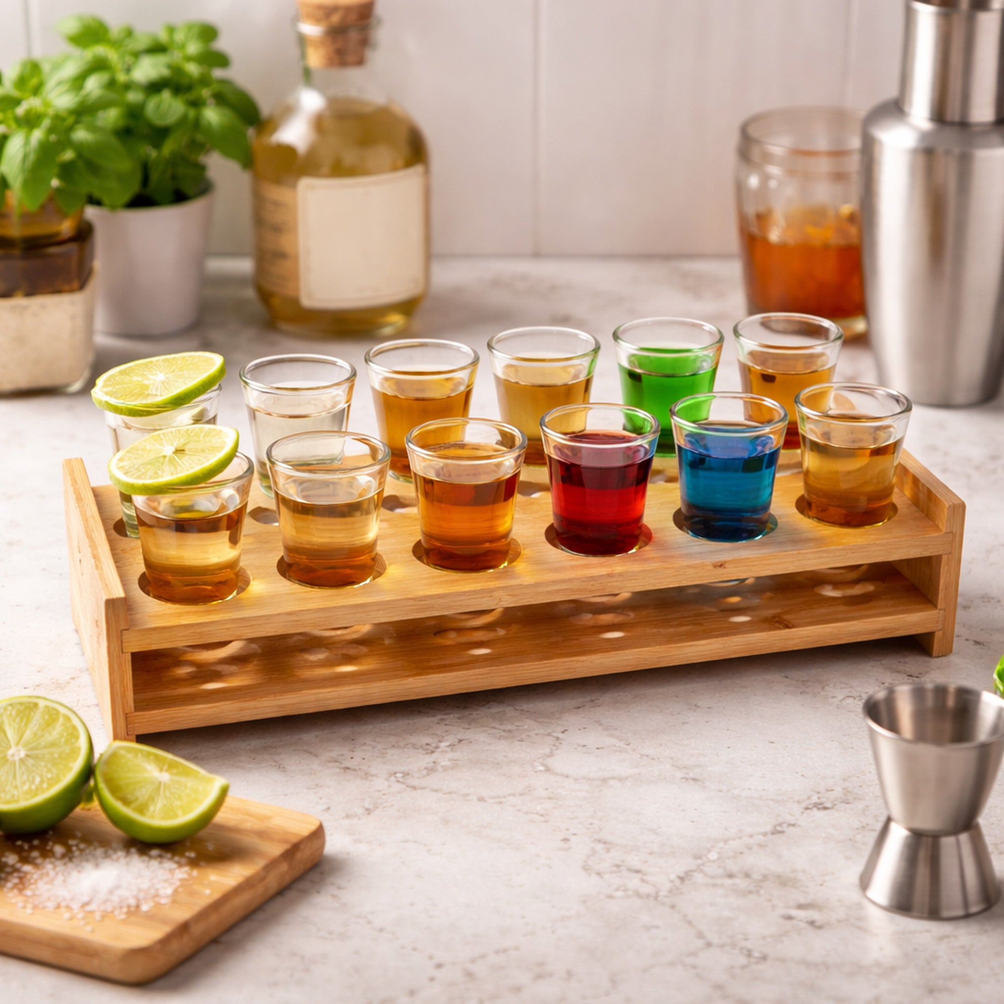 BAR BUTLER BAMBOO 12 HOLE SHOT GLASS SERVING STAND