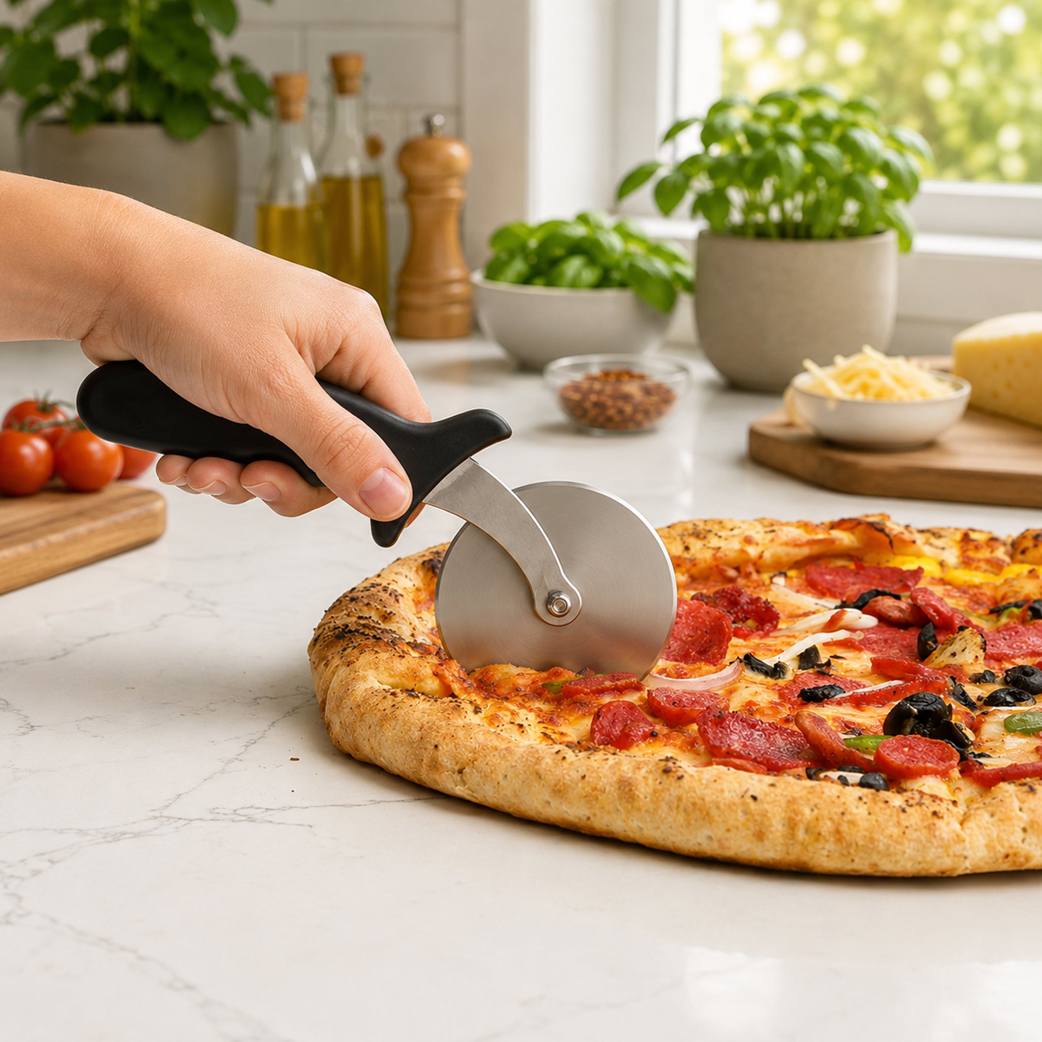 REGENT PIZZA CUTTER WITH PP PLASTIC BLACK HANDLE, 100MM DIA