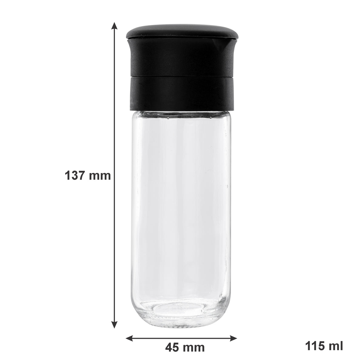 REGENT GLASS BOTTLES WITH CERAMIC GRINDERS AND BLACK LIDS 2PK, 120ML
