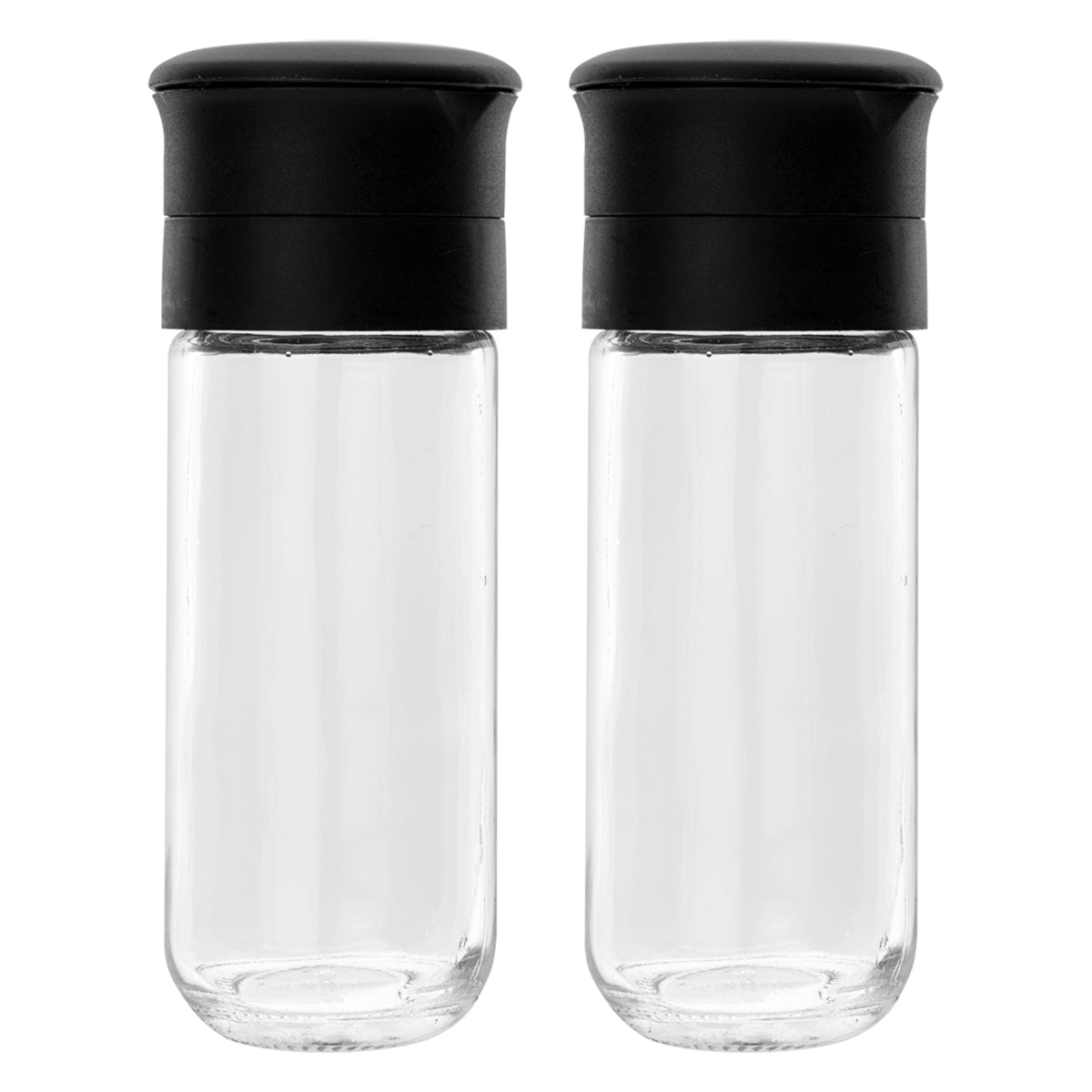REGENT GLASS BOTTLES WITH CERAMIC GRINDERS AND BLACK LIDS 2PK, 120ML