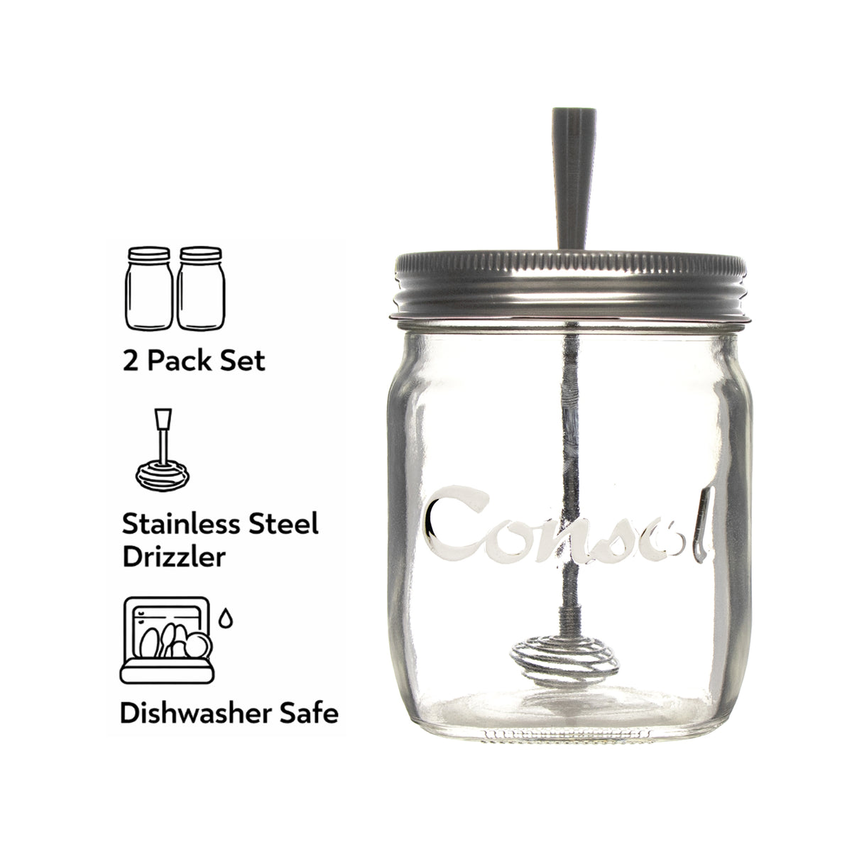 REGENT GLASS JAR WITH STAINLESS STEEL HONEY DRIZZLER 2PCS SET, 500ML