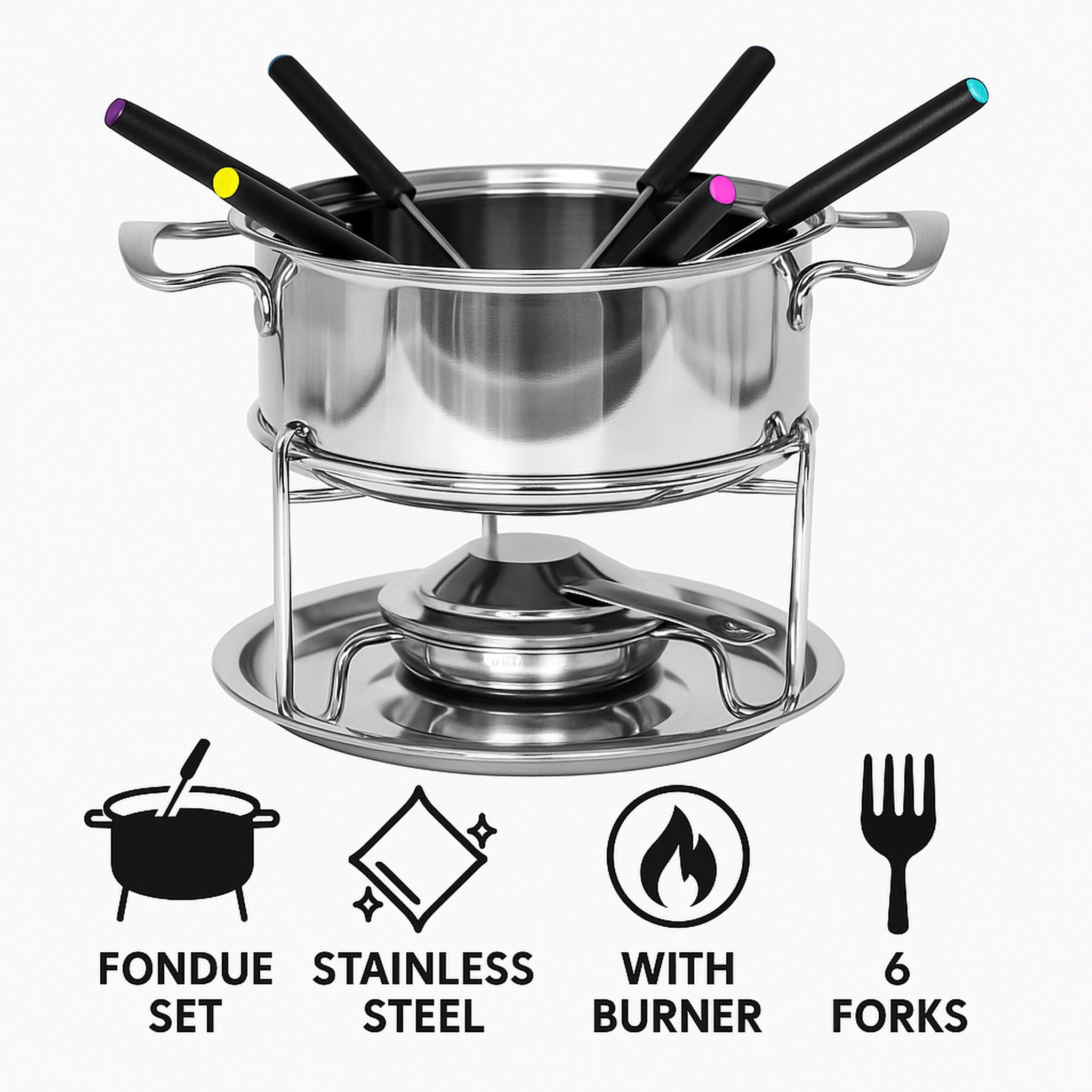 REGENT COOKWARE FONDUE SET WITH BURNER & 6 FORKS STAINLESS STEEL