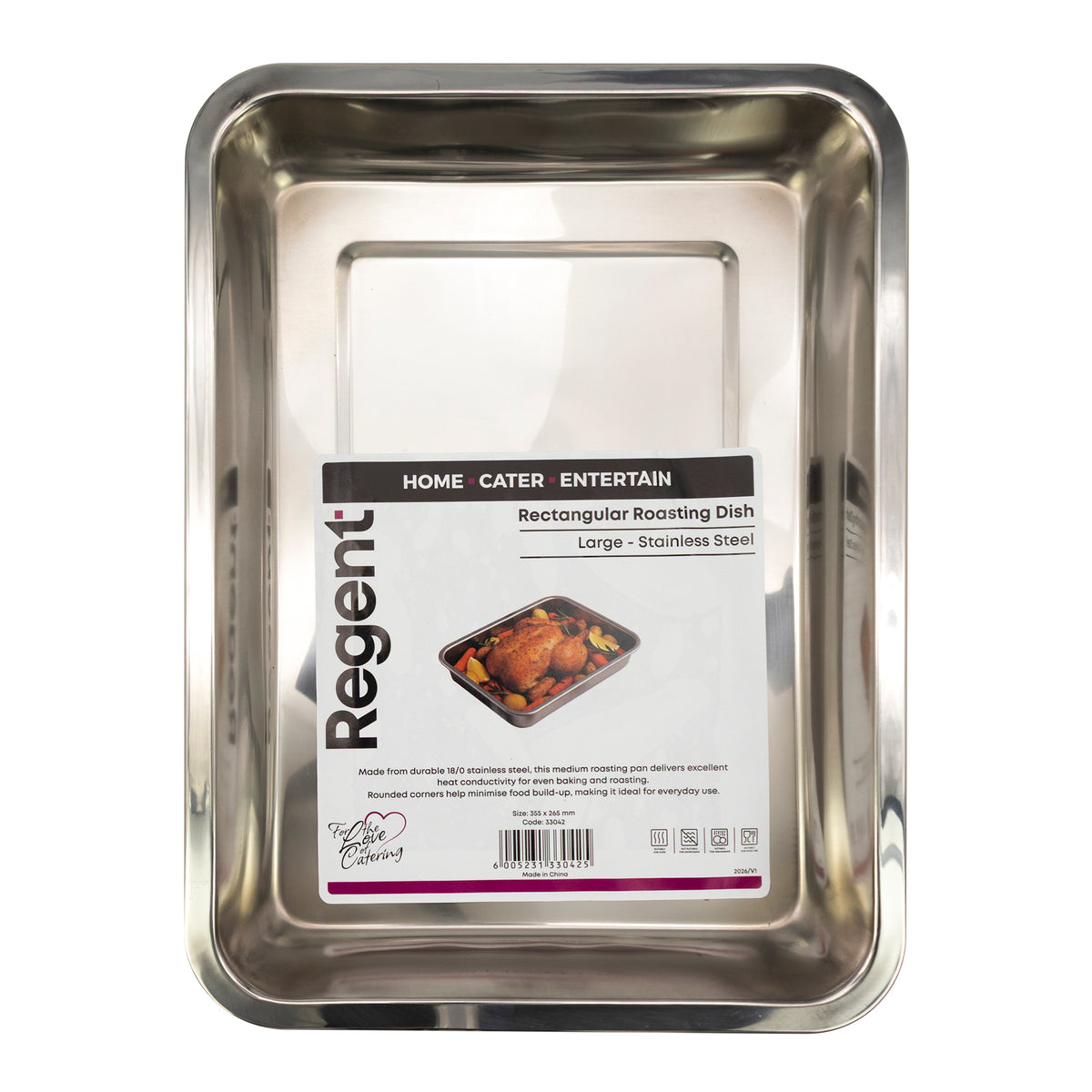 REGENT RECTANGULAR ROASTING DISH STAINLESS STEEL, 355X265X45MM