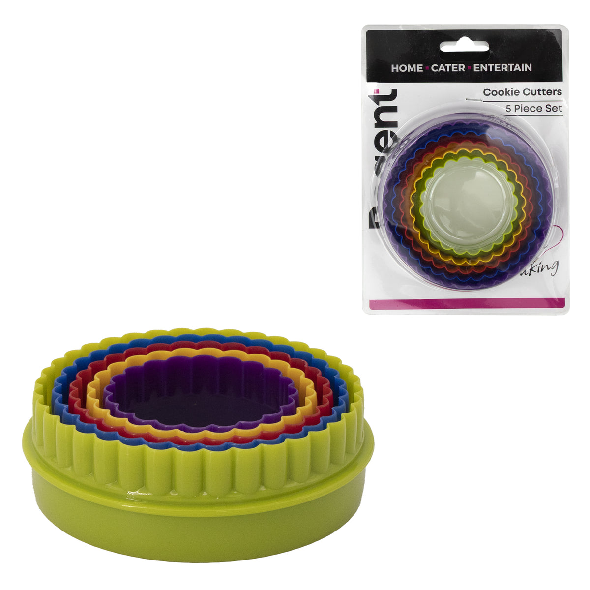 REGENT BAKEWARE COOKIE CUTTERS FLUTED MULTI-COLOURED 5PCS SET