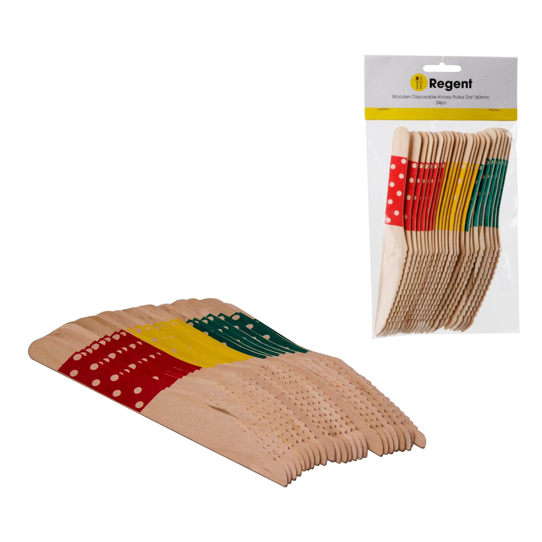 REGENT DISPOSABLE WOODEN KNIVES WITH COLOURED POLKA DOTS 24PK, 160MM