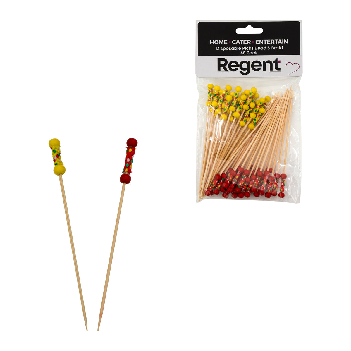 REGENT DISPOSABLE BAMBOO PICKS BEAD & BRAID MIXED COLOURS 48PK, 120MM
