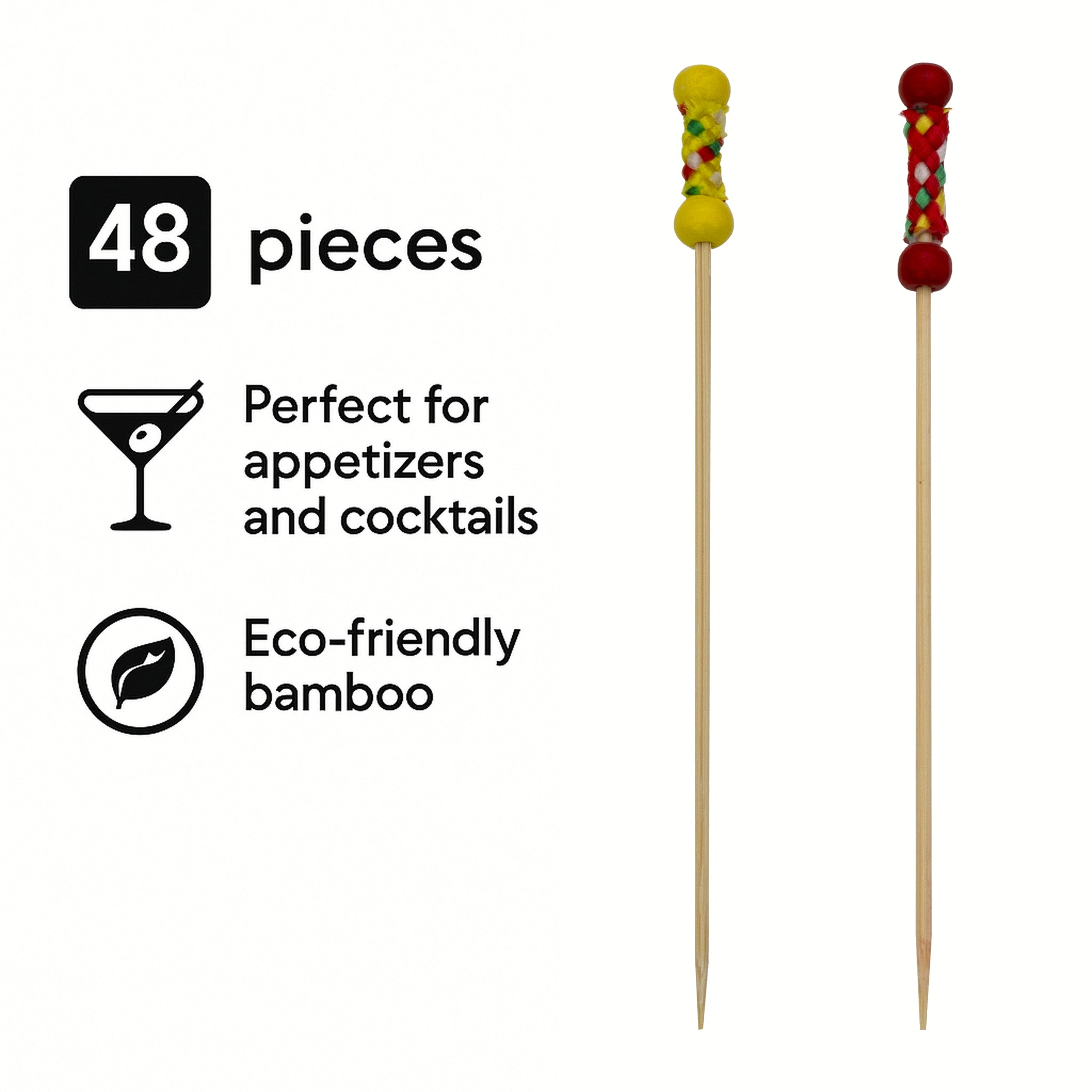REGENT DISPOSABLE BAMBOO PICKS BEAD & BRAID MIXED COLOURS 48PK, 120MM