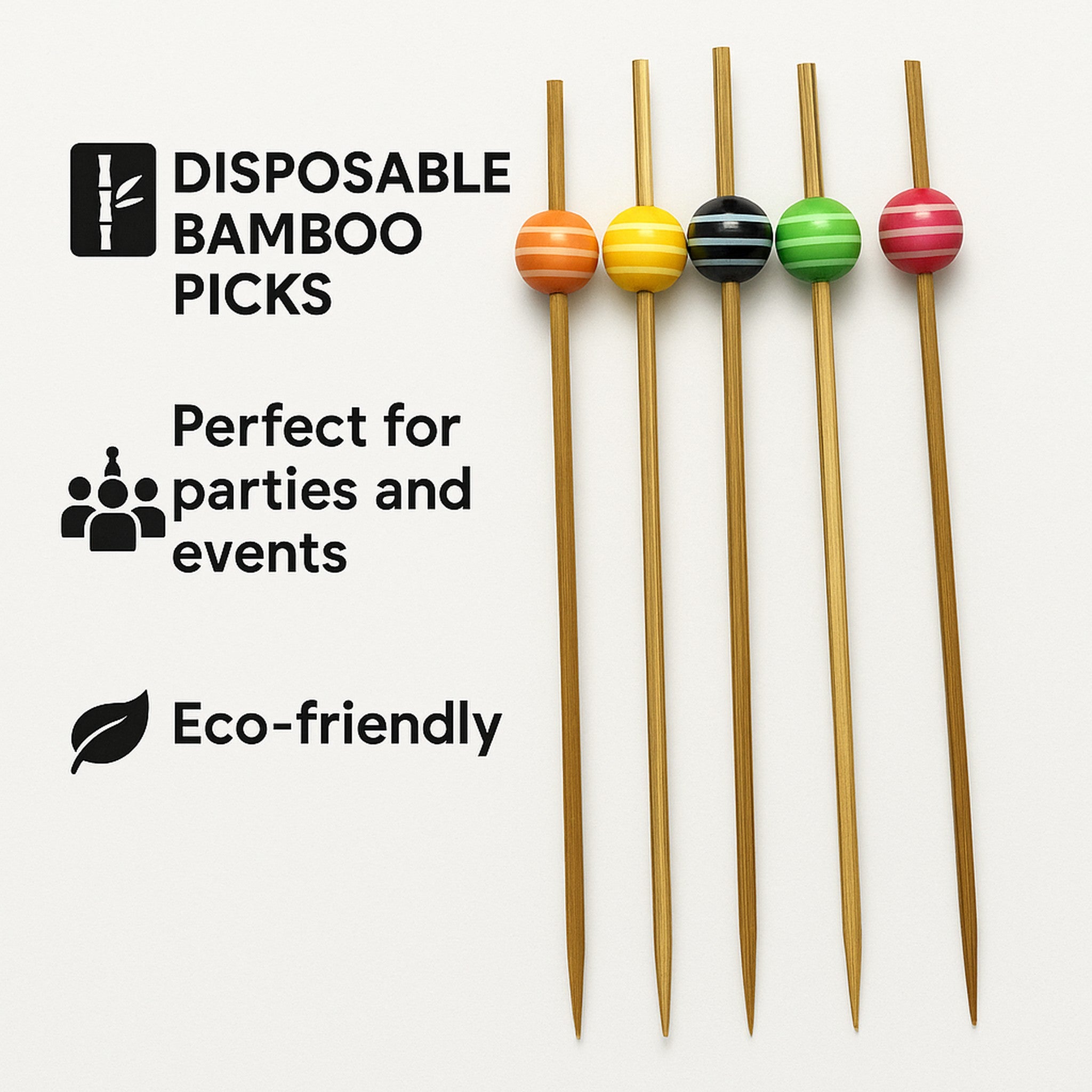 REGENT DISPOSABLE BAMBOO FOOD PICKS WITH MIXED COLOURED STRIPED BEADS 24PK, 120MM