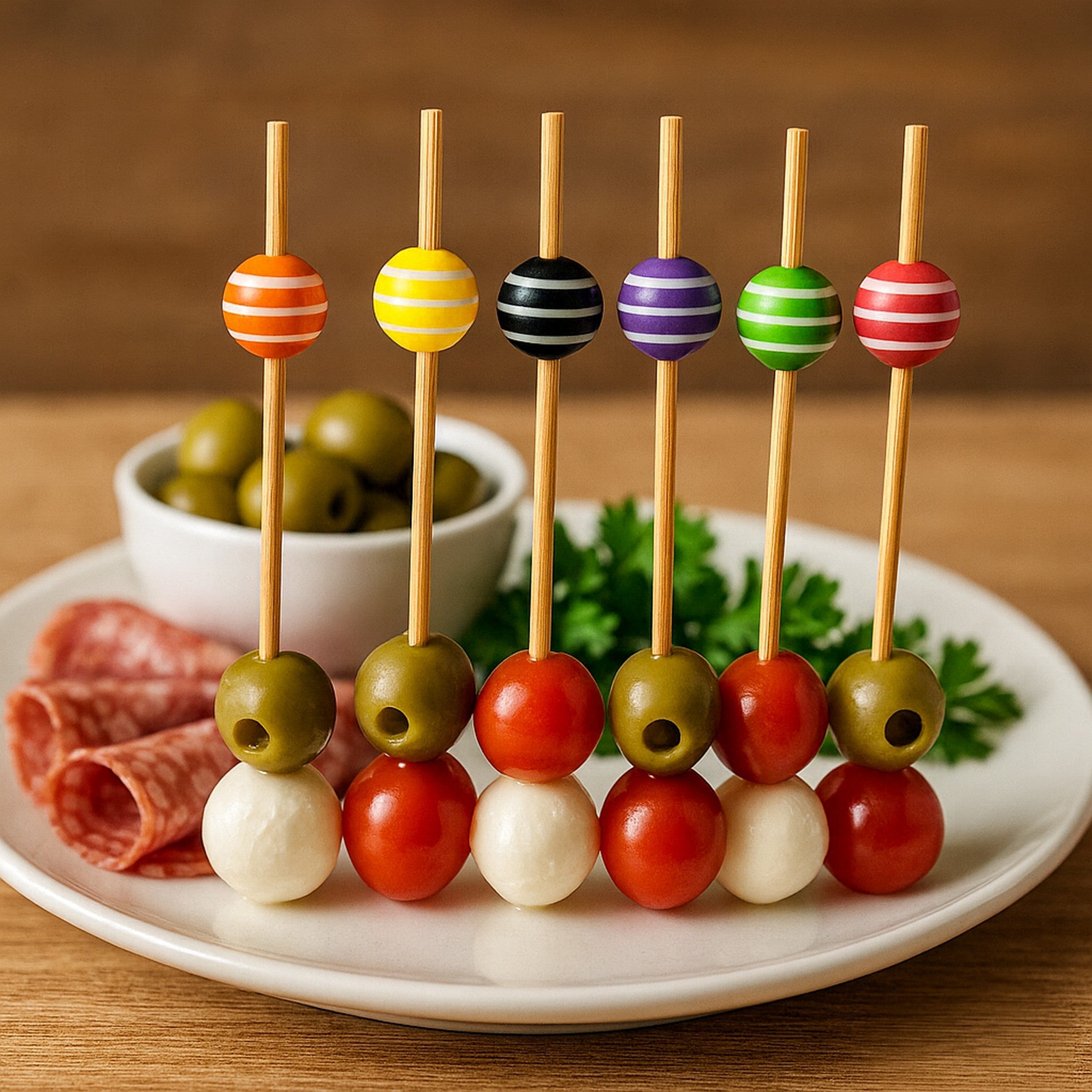 REGENT DISPOSABLE BAMBOO FOOD PICKS WITH MIXED COLOURED STRIPED BEADS 24PK, 120MM