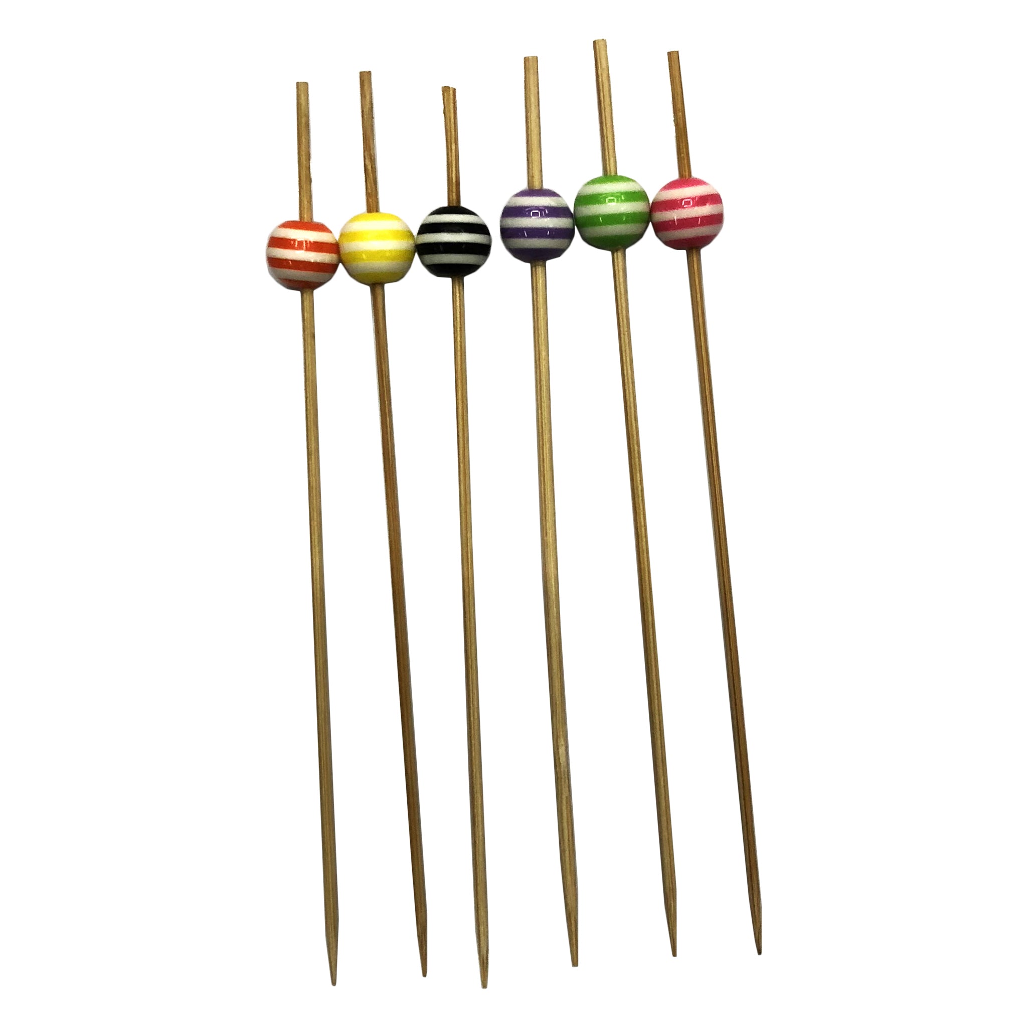 REGENT DISPOSABLE BAMBOO FOOD PICKS WITH MIXED COLOURED STRIPED BEADS 24PK, 120MM