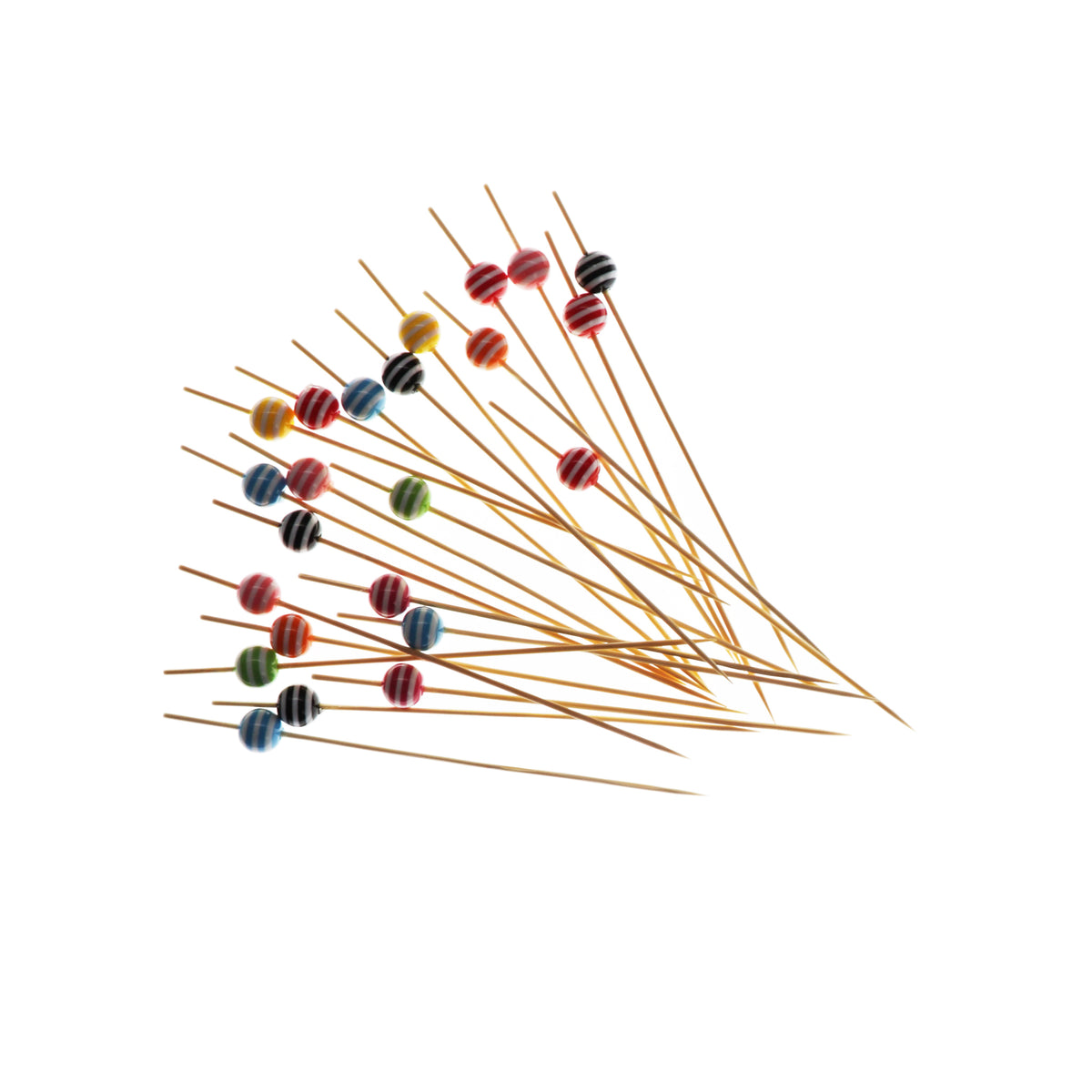 REGENT DISPOSABLE BAMBOO FOOD PICKS WITH MIXED COLOURED STRIPED BEADS 24PK, 120MM