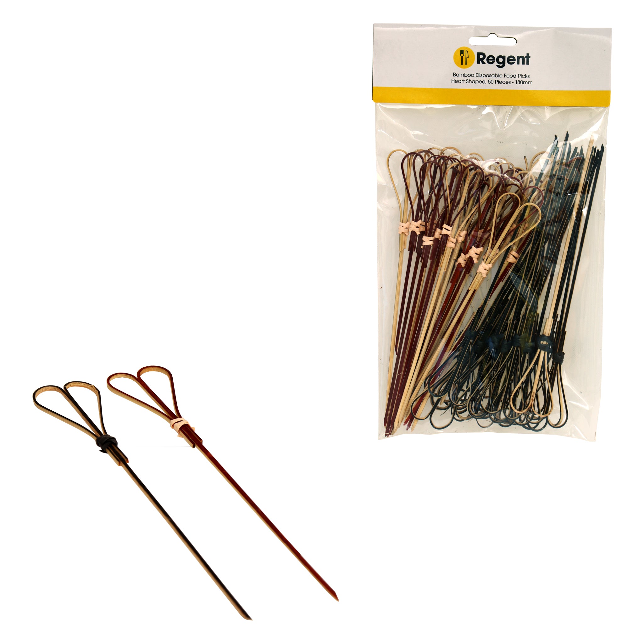 REGENT DISPOSABLE BAMBOO FOOD PICKS HEART SHAPED 50PK, 180MM
