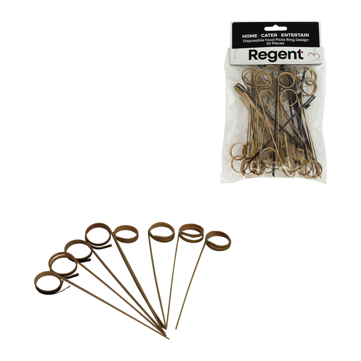 REGENT DISPOSABLE BAMBOO FOOD PICKS RING DESIGN, NATURAL 50PK, 120MM