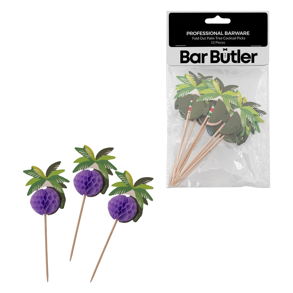 BAR BUTLER FOLD OUT PALM TREE COCKTAIL PICKS 12PK, 135MM