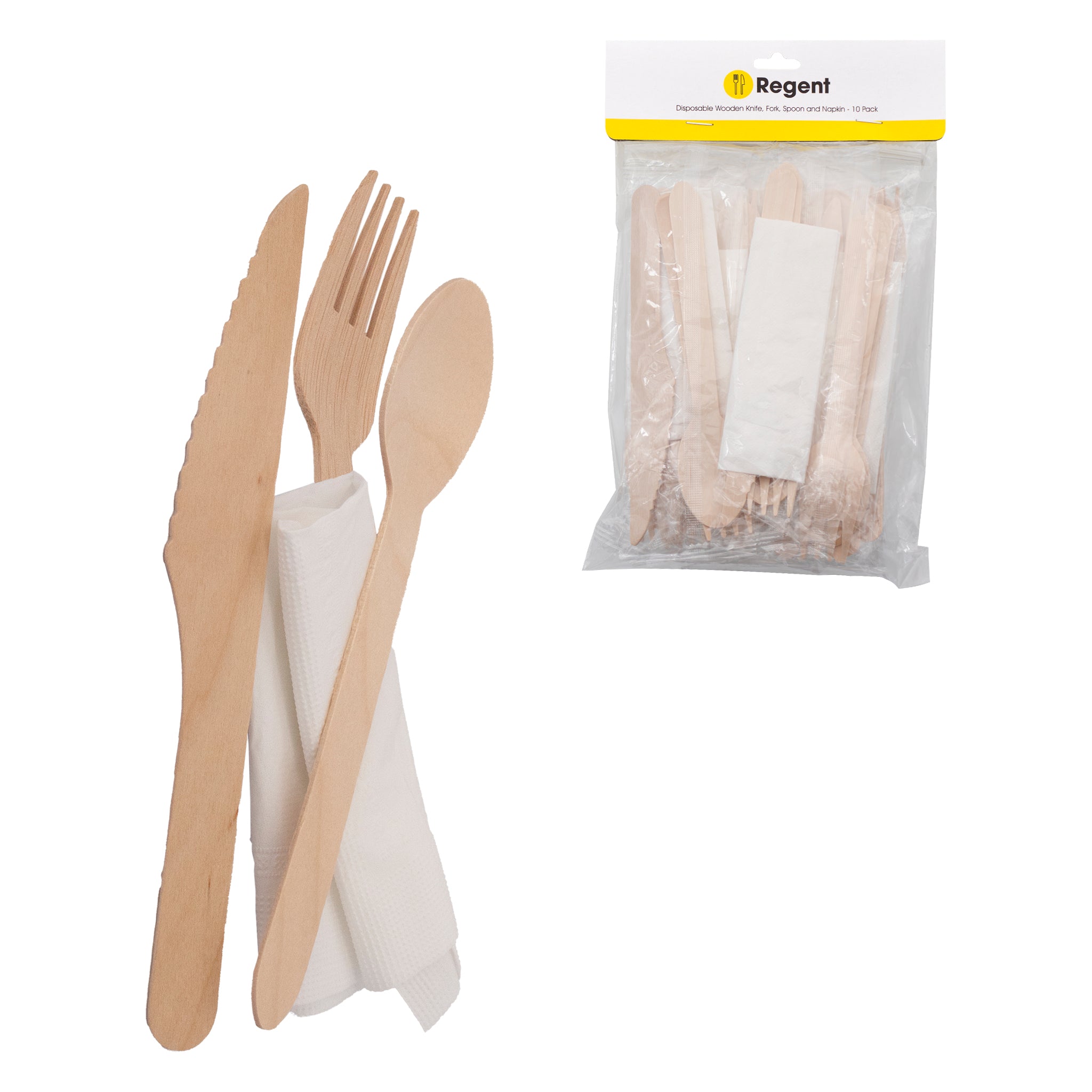 REGENT DISPOSABLE WOODEN KNIFE, FORK, SPOON & NAPKIN (4PCS) 10PK