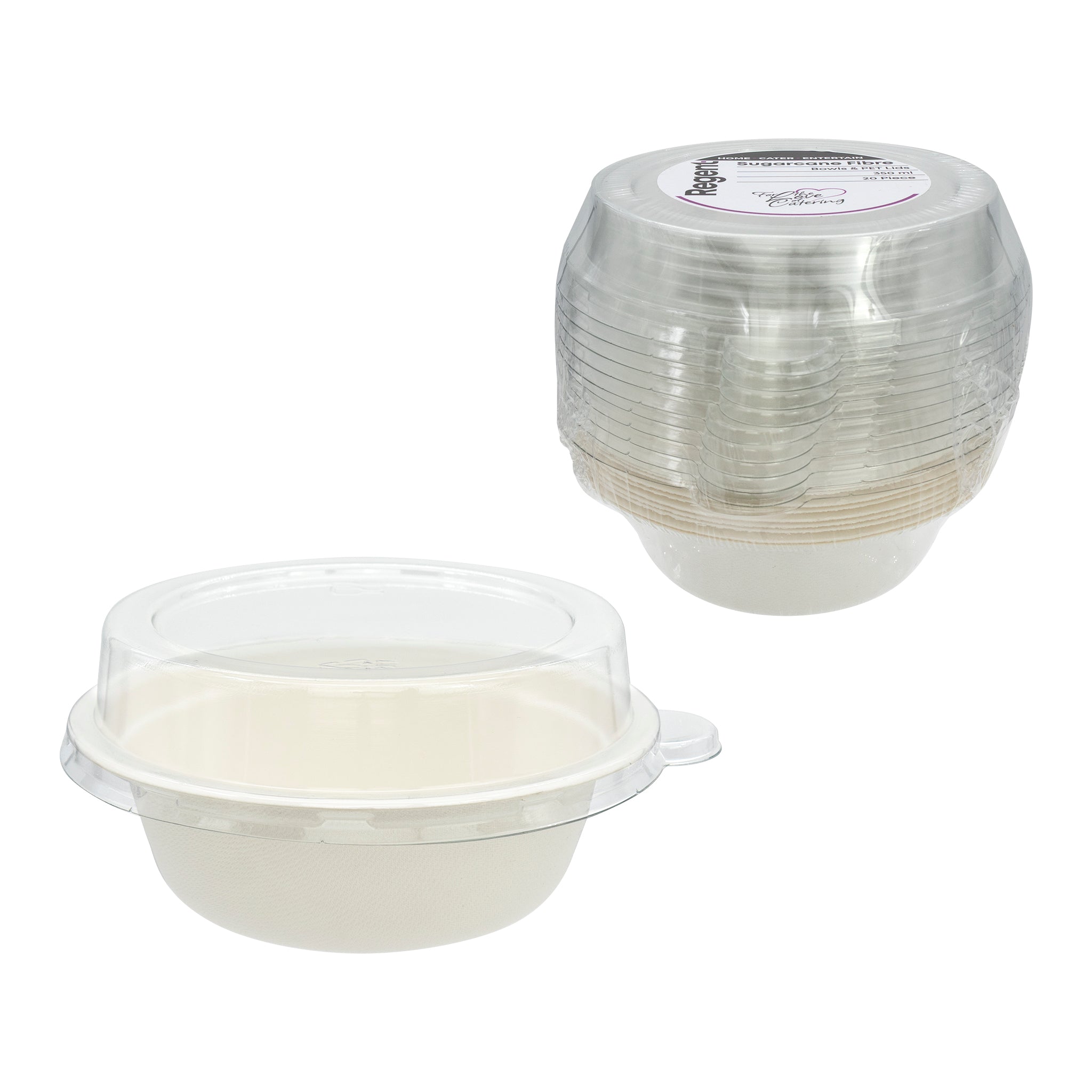 REGENT SUGARCANE FIBRE BOWLS & PET LIDS 350ML, 20PCS
