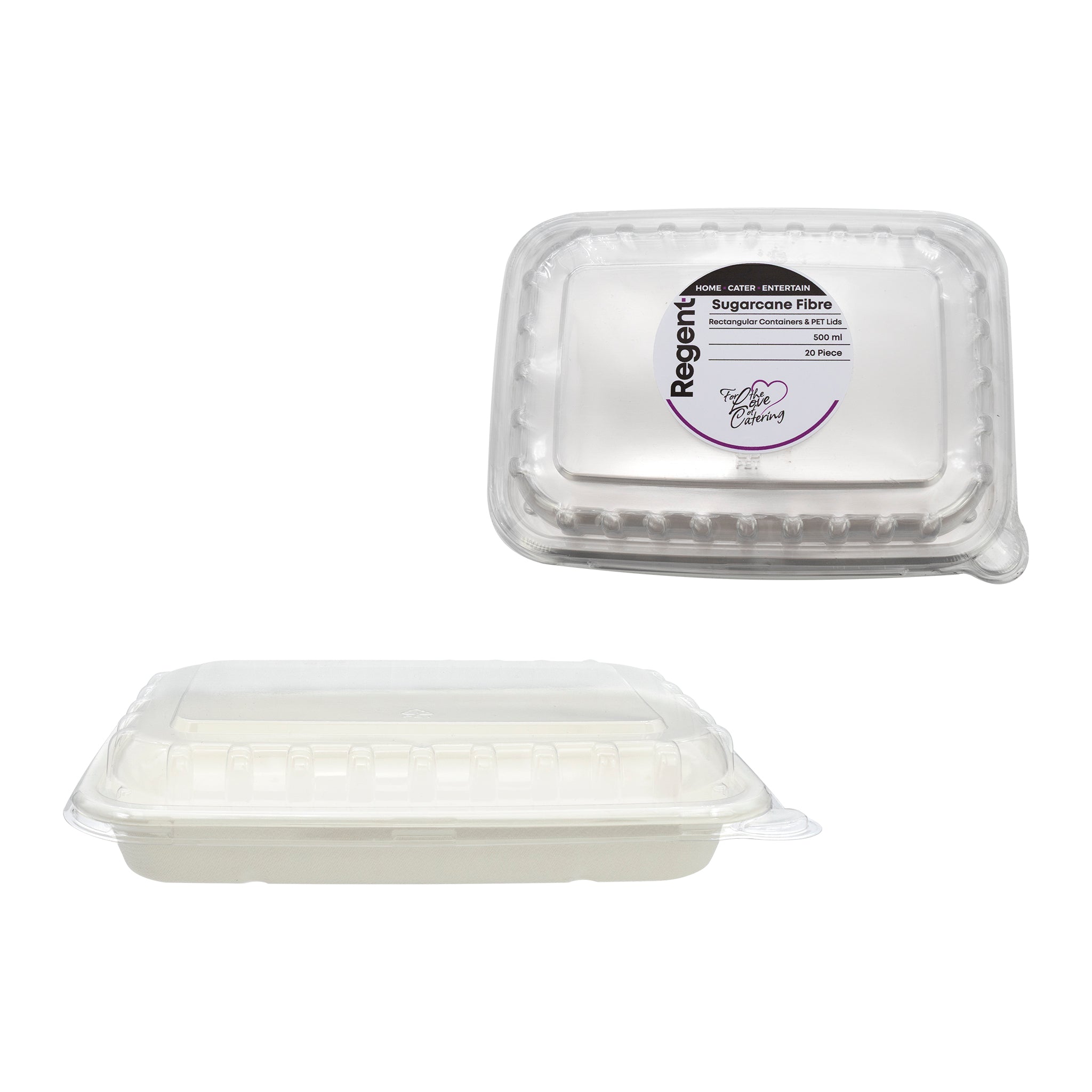 REGENT SUGARCANE FIBRE RECTANGULAR CONTAINER 500ML & PET LIDS, 20 PCS