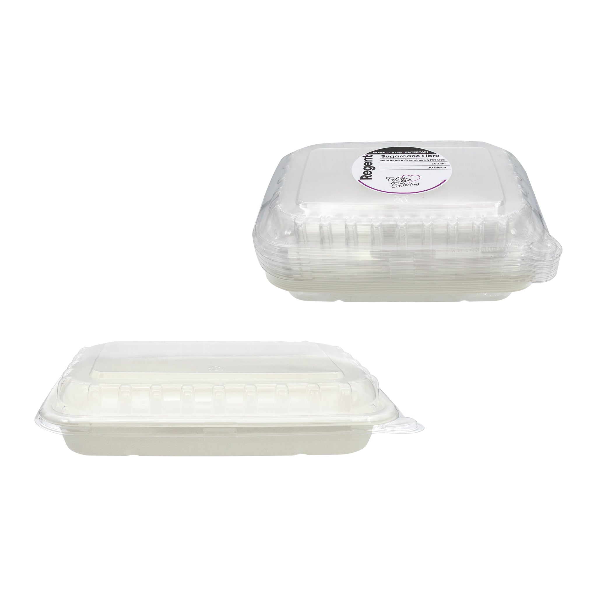 REGENT SUGARCANE FIBRE RECTANGULAR CONTAINER 500ML & PET LIDS, 20 PCS