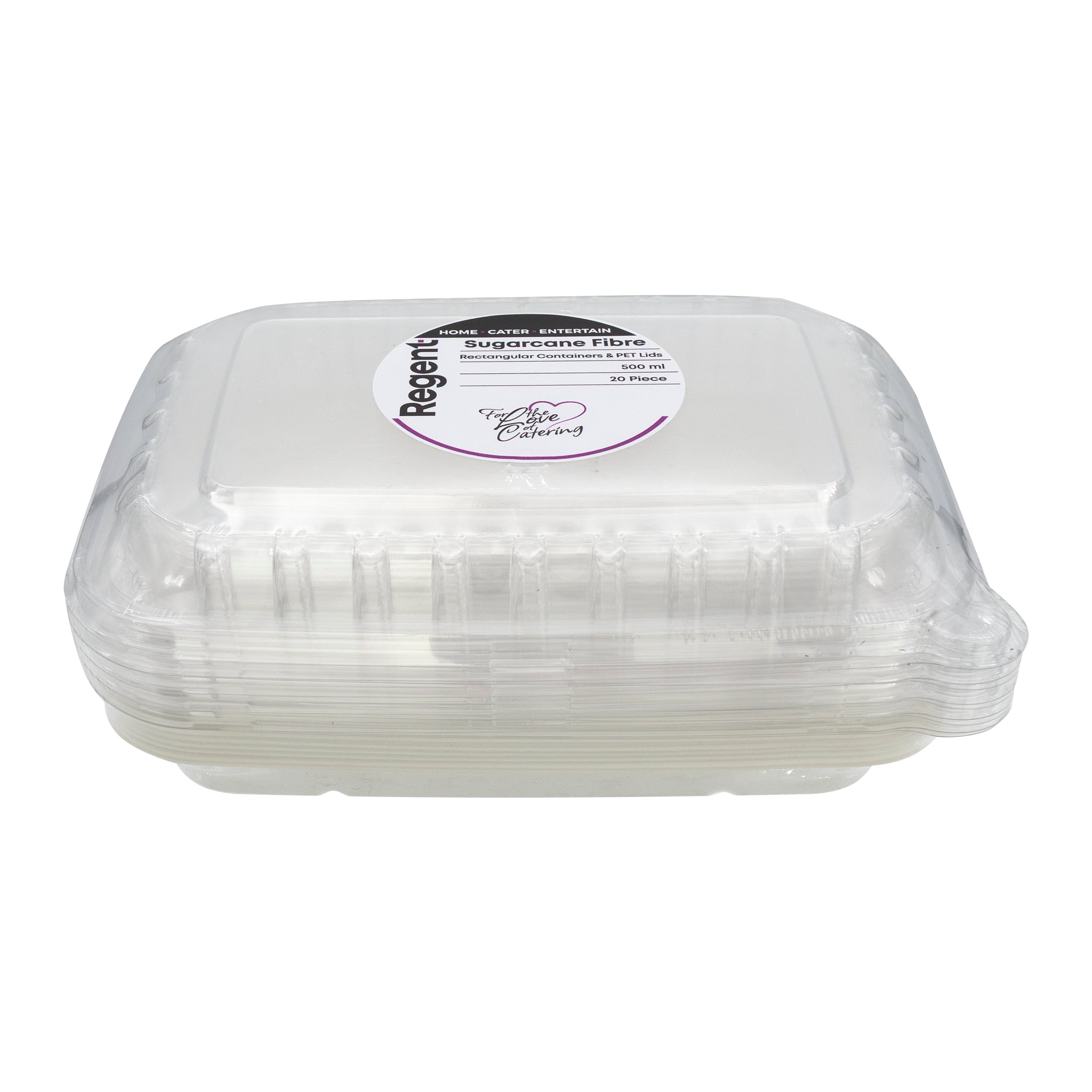 REGENT SUGARCANE FIBRE RECTANGULAR CONTAINER 500ML & PET LIDS, 20 PCS