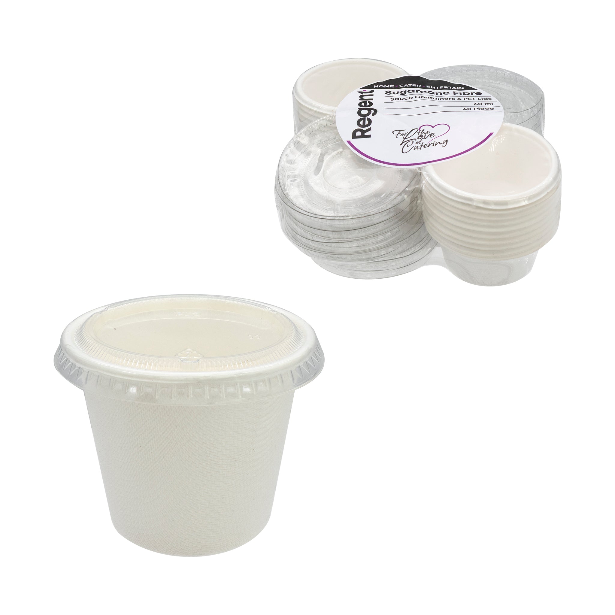 REGENT SUGARCANE FIBRE SAUCE CONTAINER 60ML & PET LIDS, 40 PCS