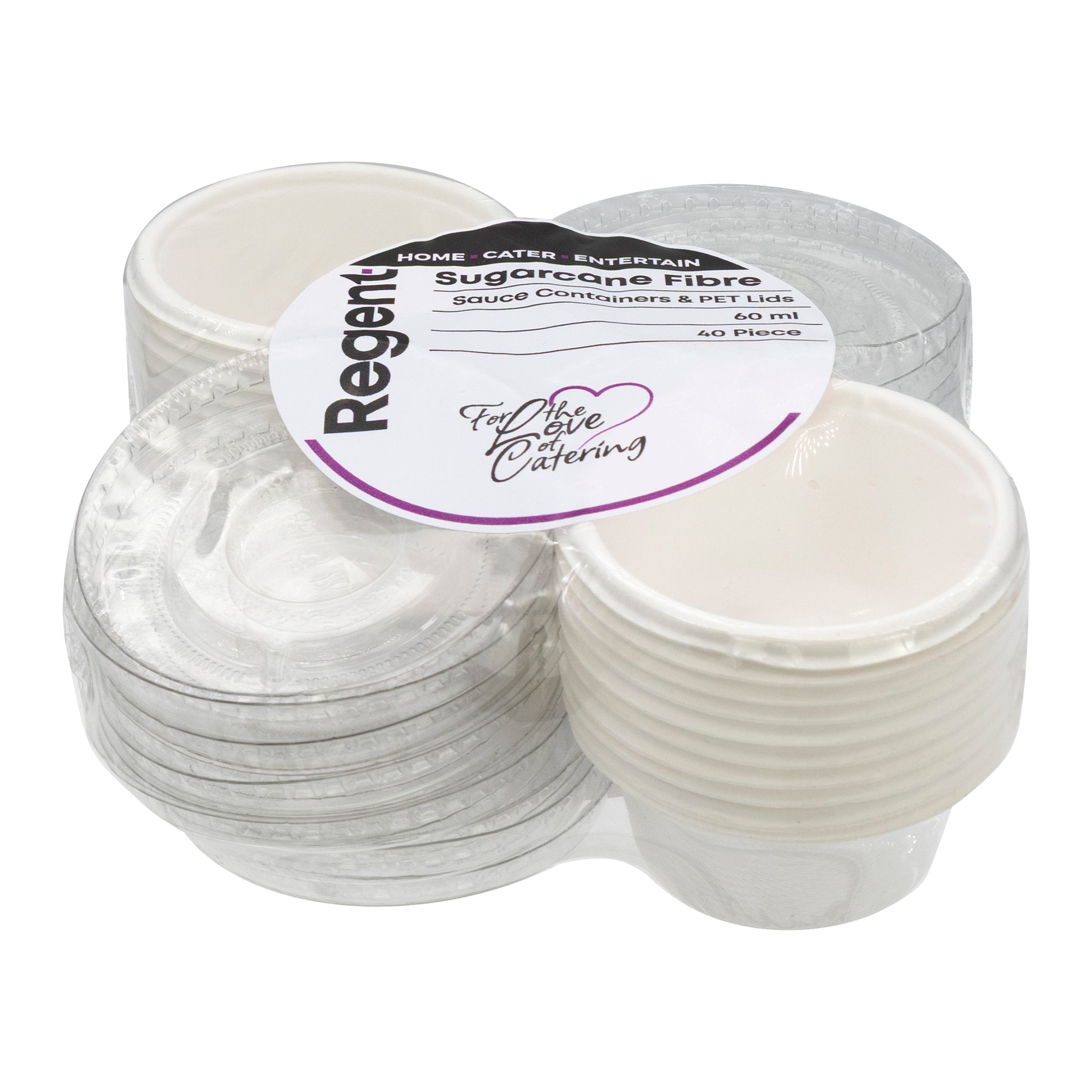 REGENT SUGARCANE FIBRE SAUCE CONTAINER 60ML & PET LIDS, 40 PCS