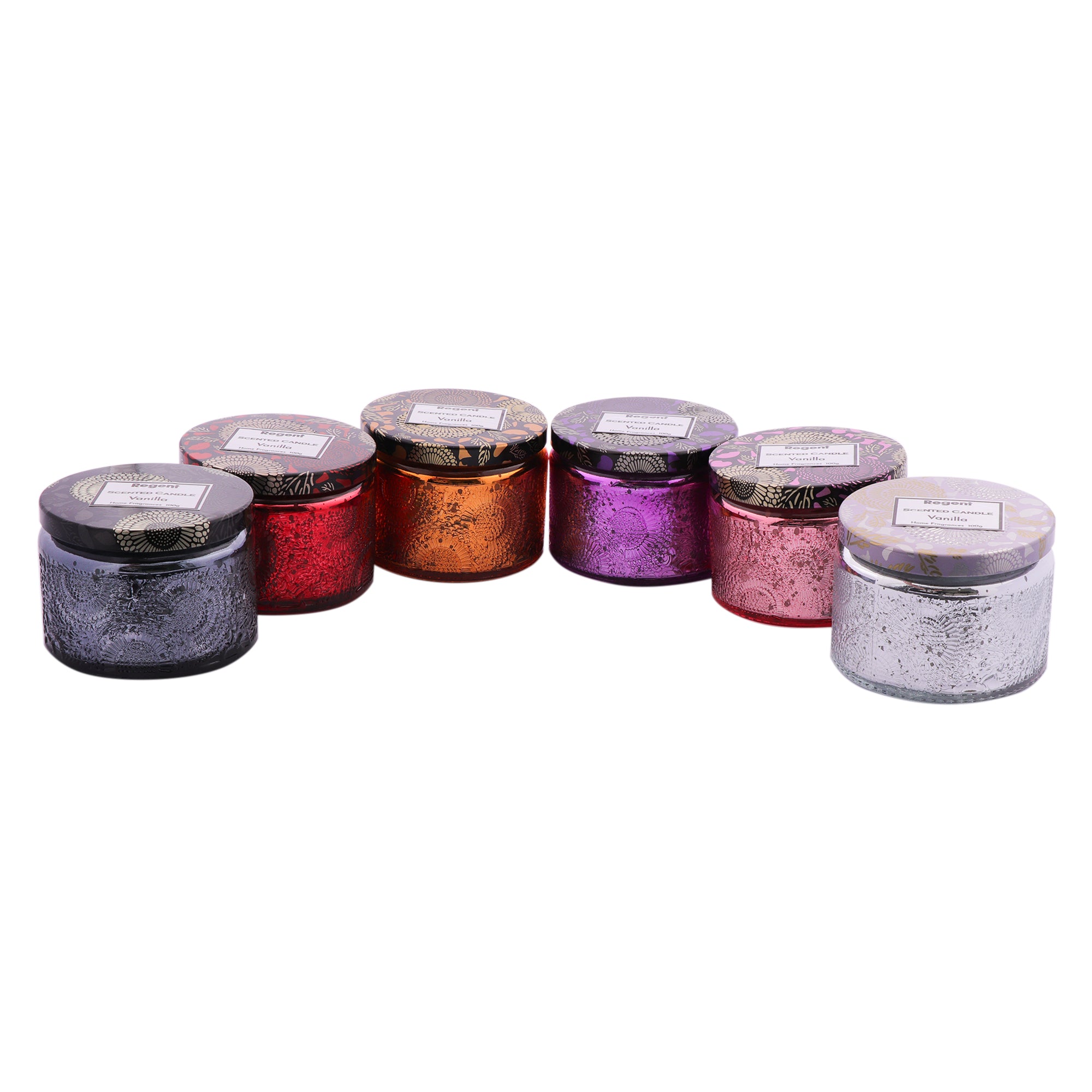REGENT SCENTED CANDLES VANILLA IN EMBOSSED GLASS JARS, ASST. COLOURS, 100G